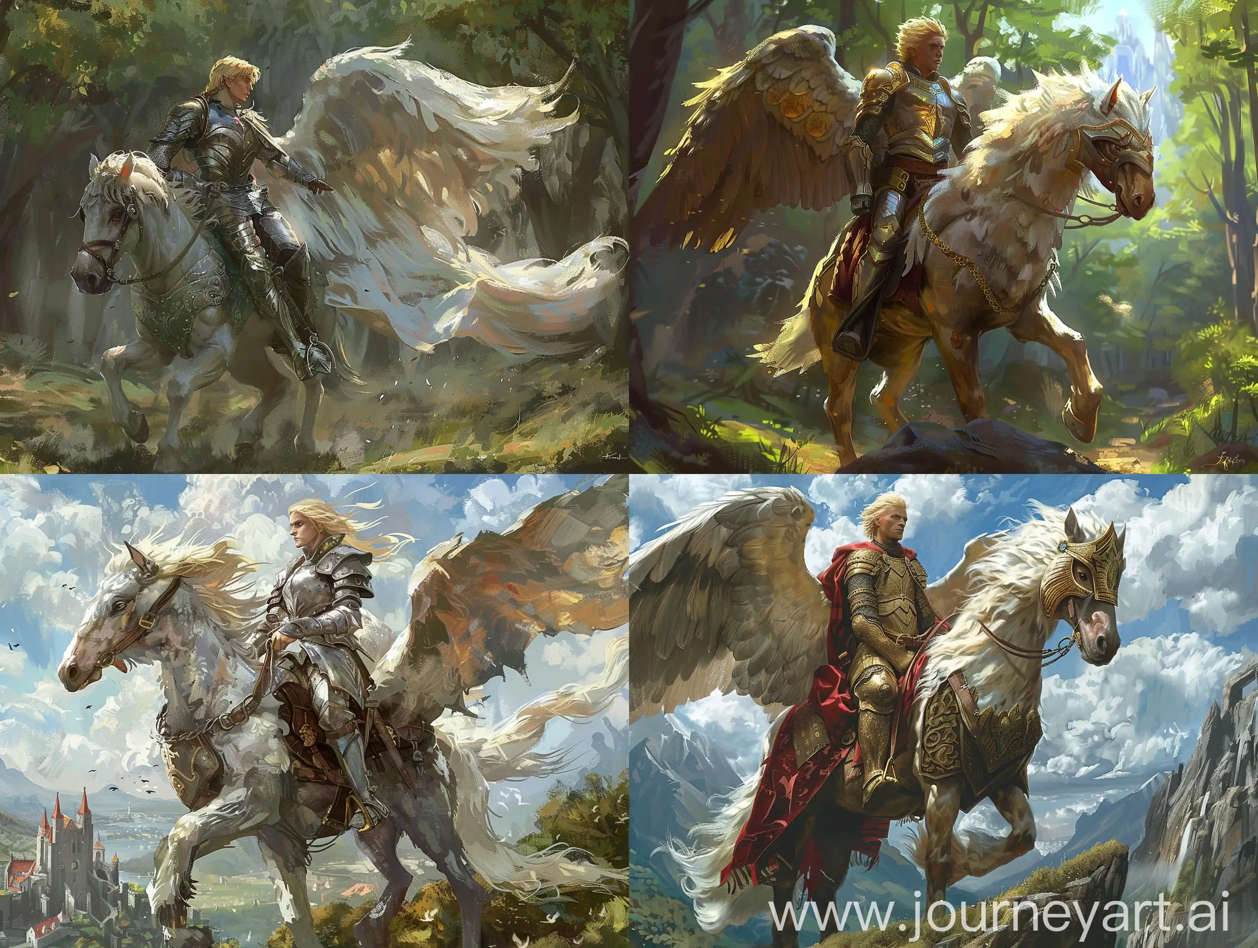 A blond knight riding a hippogriff turns around and sighs