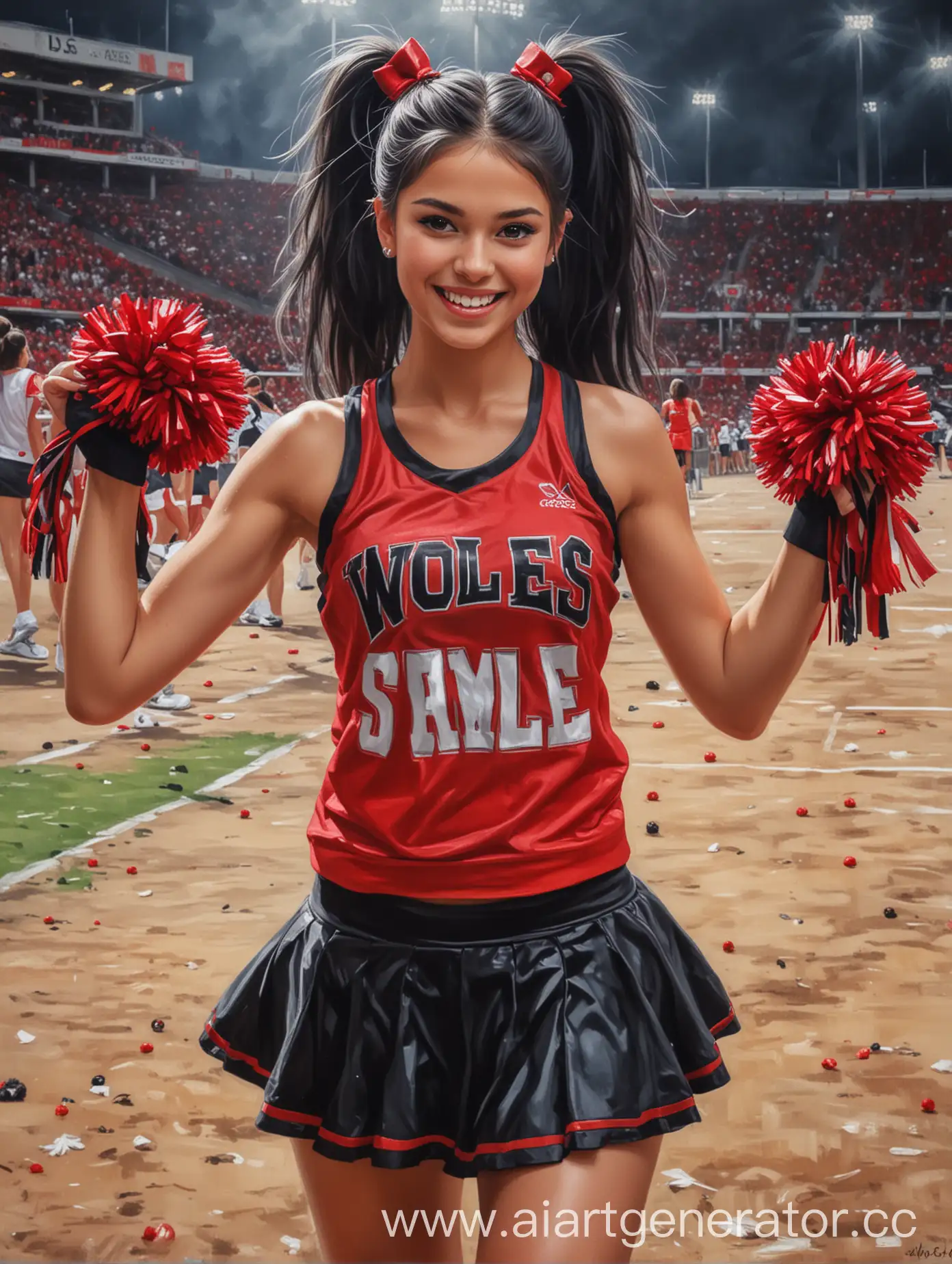 oil painting,young female cheerleader, dressed in a short top, skirt and sneakers, black and red colors in clothes, holding pom-poms in her hands,hyper-detailed, HDR 16k, long black hair gathered in a high ponytail, the inscription "Wolves" on the top, smile, stadium