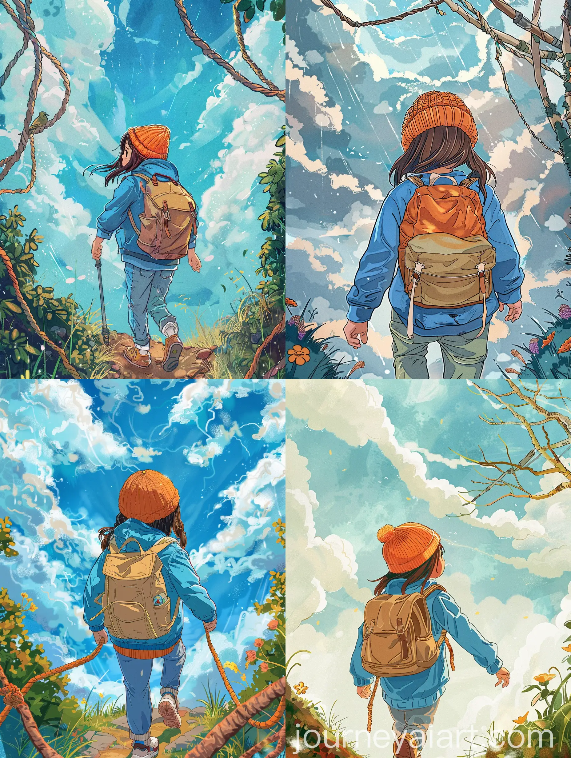 Luminous sky ,huge fluffy white clouds, a 6 year old girl walking in the pathway going to a hige tree uphil. She is wearing blue jacket, orange knitted sweather, light brown knitted hat, brown backpack, and blue hiking pants. Summervibes.,flowers,grasses Vibrant colors, Studio ghibli style. Children's book illustration style.