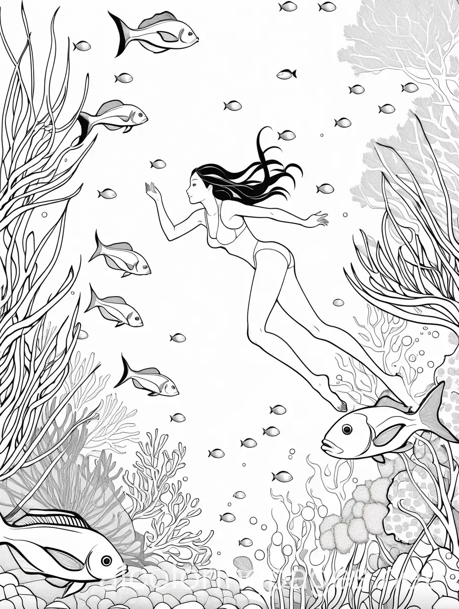 an anime woman Snorkeling in a beautiful coral reef with different fish, Coloring Page, black and white, line art, white background, Simplicity, Ample White Space
