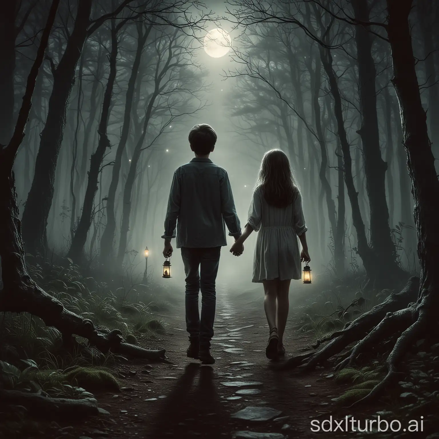 make me a book cover where we can see a boy and a girl. The boy has a lamp in his hand. The girl is sick, she is in bad shape, the two are holding hands, they are facing us. They are in a mysterious forest, there is mist. It's night, we see a full moon.