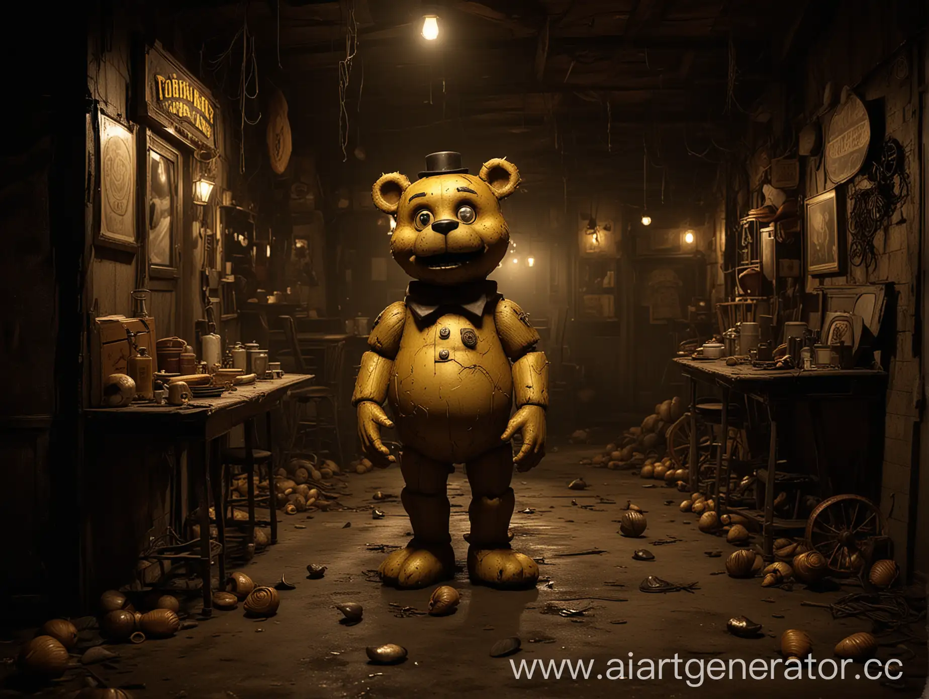 A dark and eerie stage with animatronic characters in a twisted cabaret setting. Golden Freddy, a golden bear animatronic with haunting golden eyes, stands prominently in the center, casting a sinister shadow. The backdrop features an old, run-down pizzeria with flickering lights and cobwebs. Children's spirits are faintly visible, trapped within the hollow shells of other animatronics. The scene is filled with a sense of horror and tension, with whispers and echoes of children's laughter haunting the atmosphere. Colors are dark, with shades of gold and black, creating a nightmarish, surreal feeling.