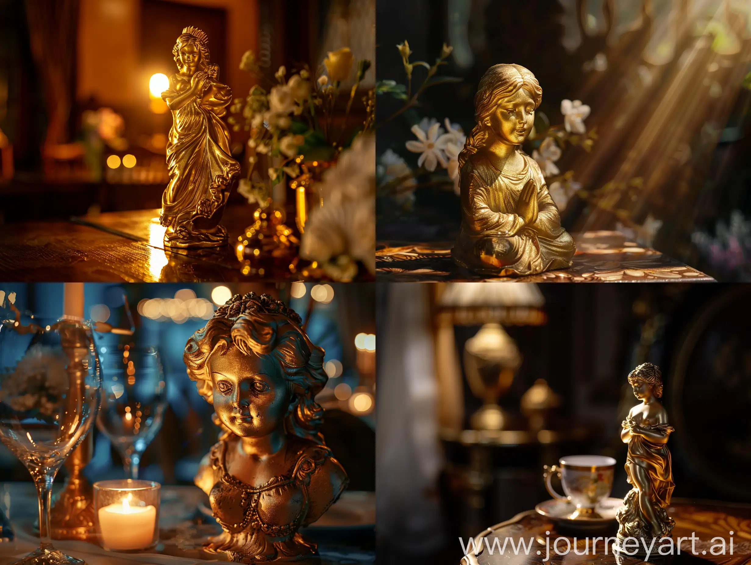 Cinematic-Golden-Statue-of-a-Beautiful-Girl-on-Table
