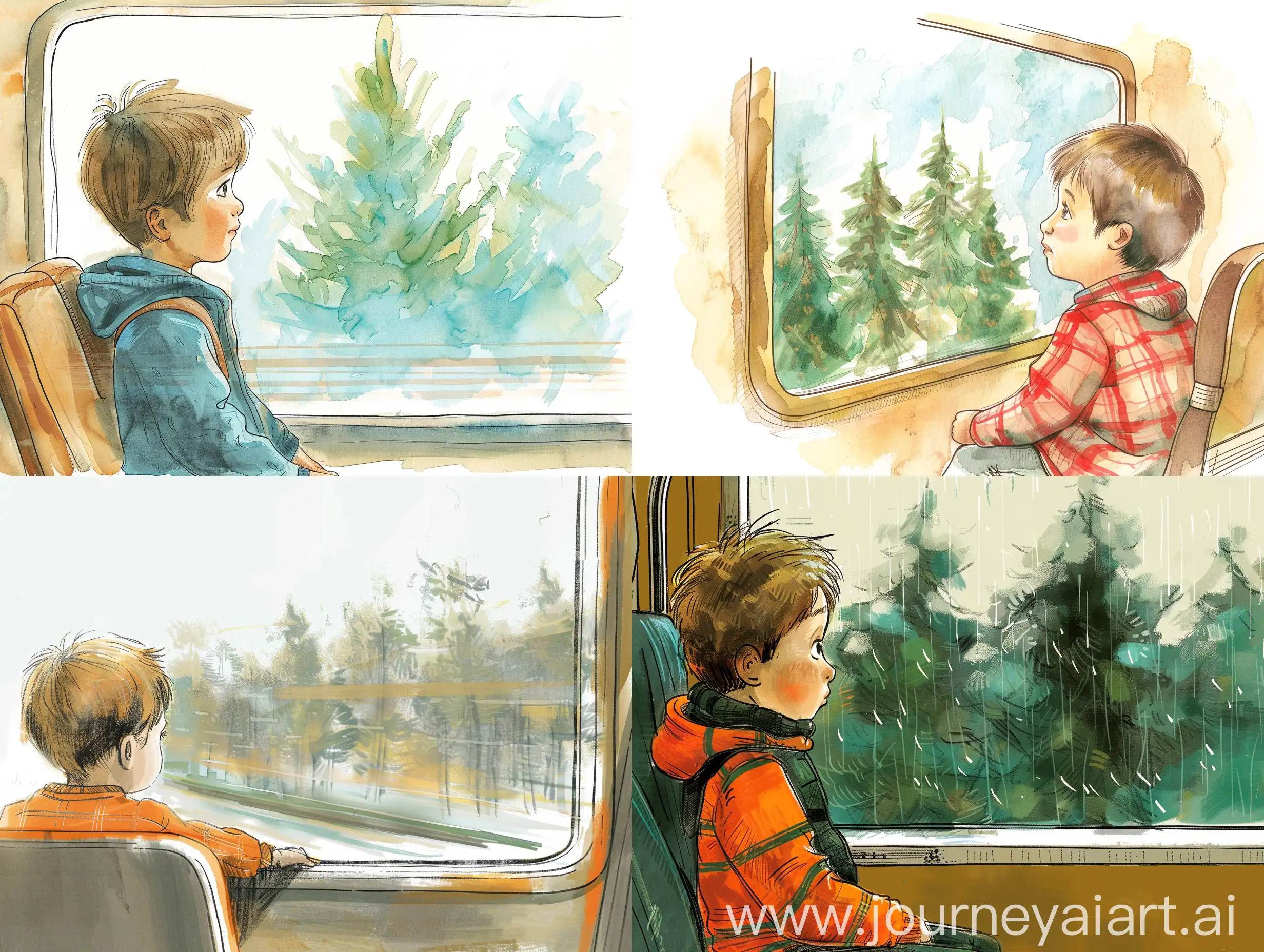 Draw a little boy who rides on a train and looks out the window, trees flash outside the window, in the style of children's book illustration