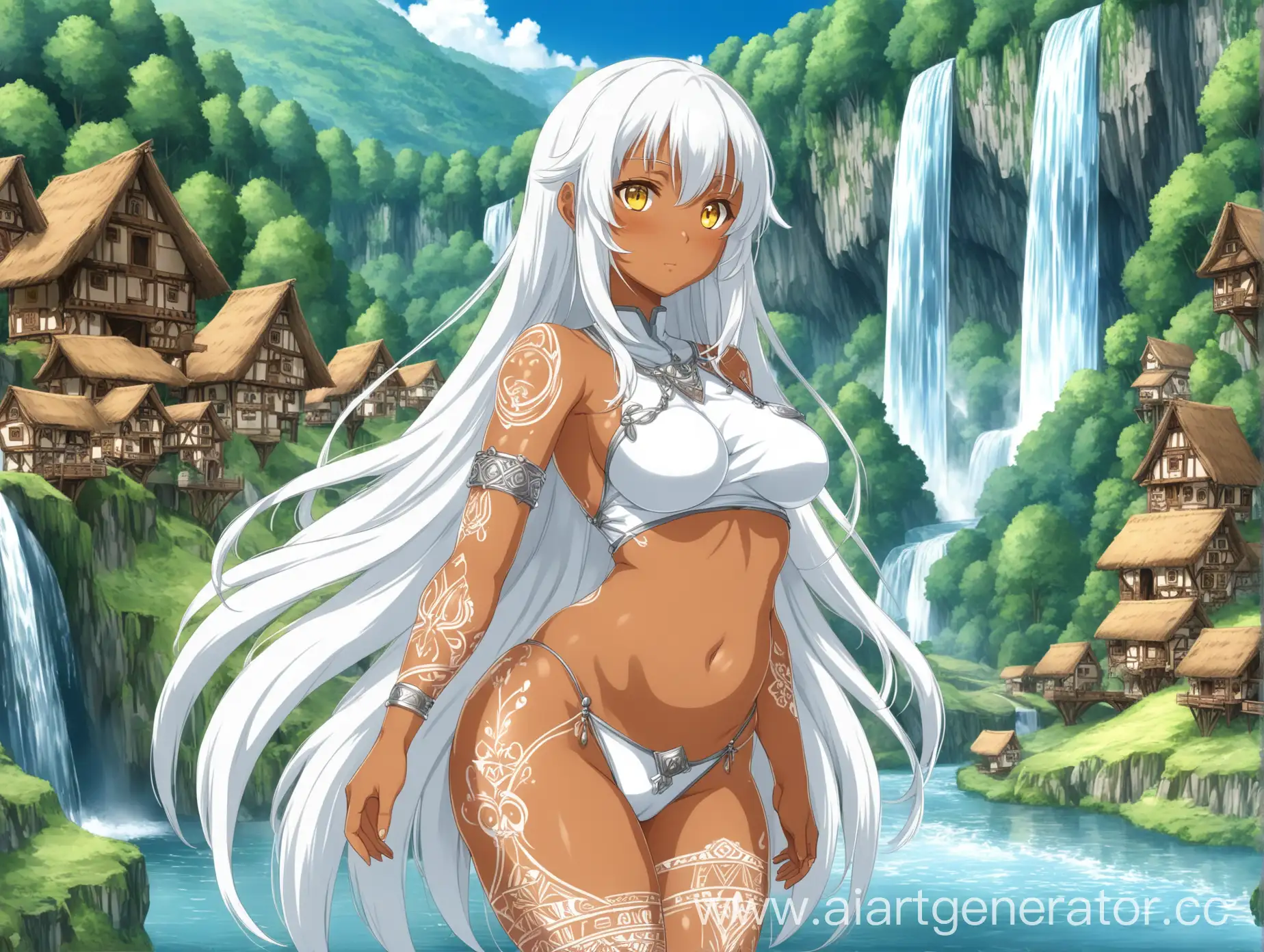Tanned-Anime-Girl-with-White-Hair-by-River-and-Forest-Village