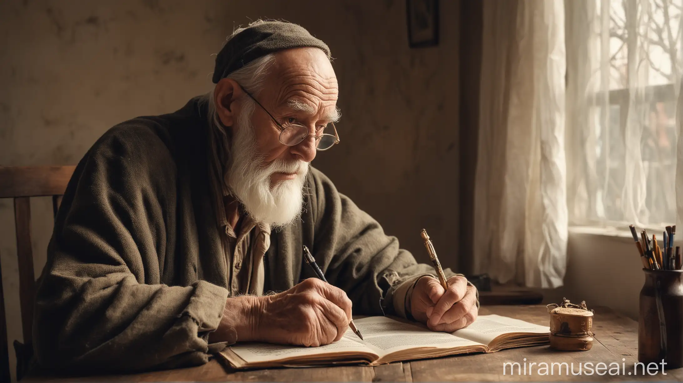 Мудрый старец сидит за столом и пишет мудрые притчи. 