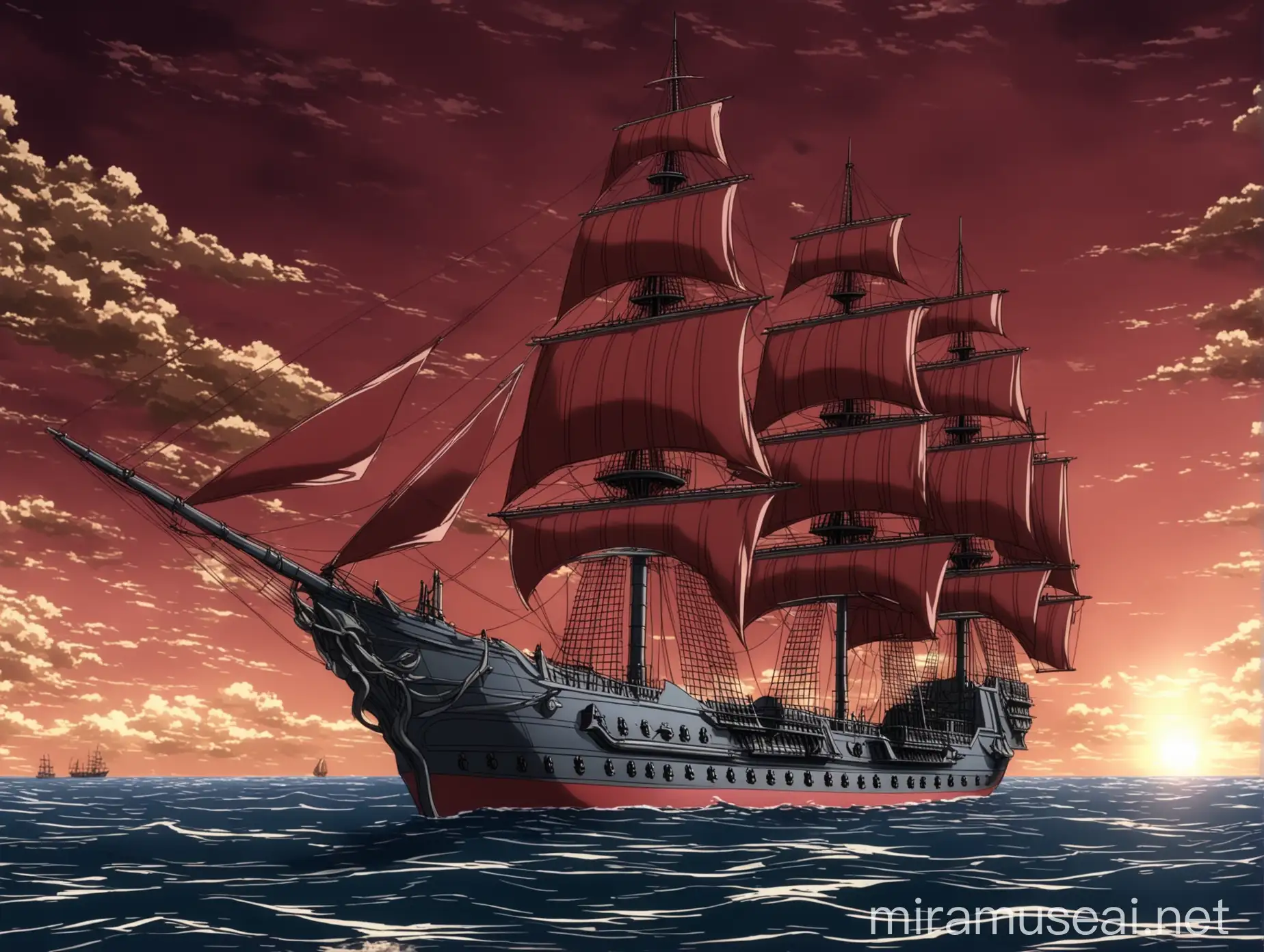 Victorian Frigate with Red Sails in Anime Style