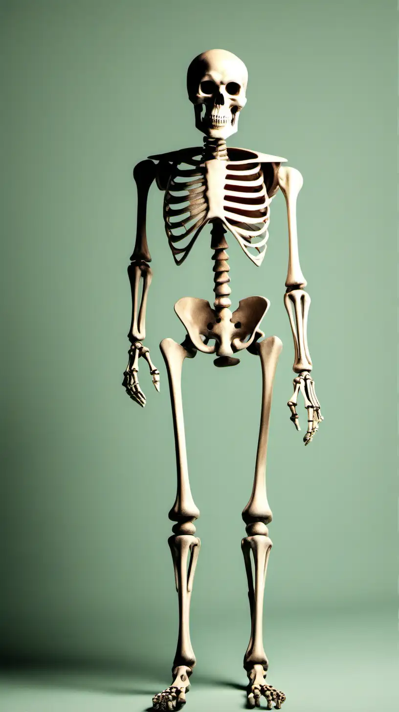 Caroony color:  A skeleton full body, sqaure to camera.  His face looks straight at us.  Simple background
