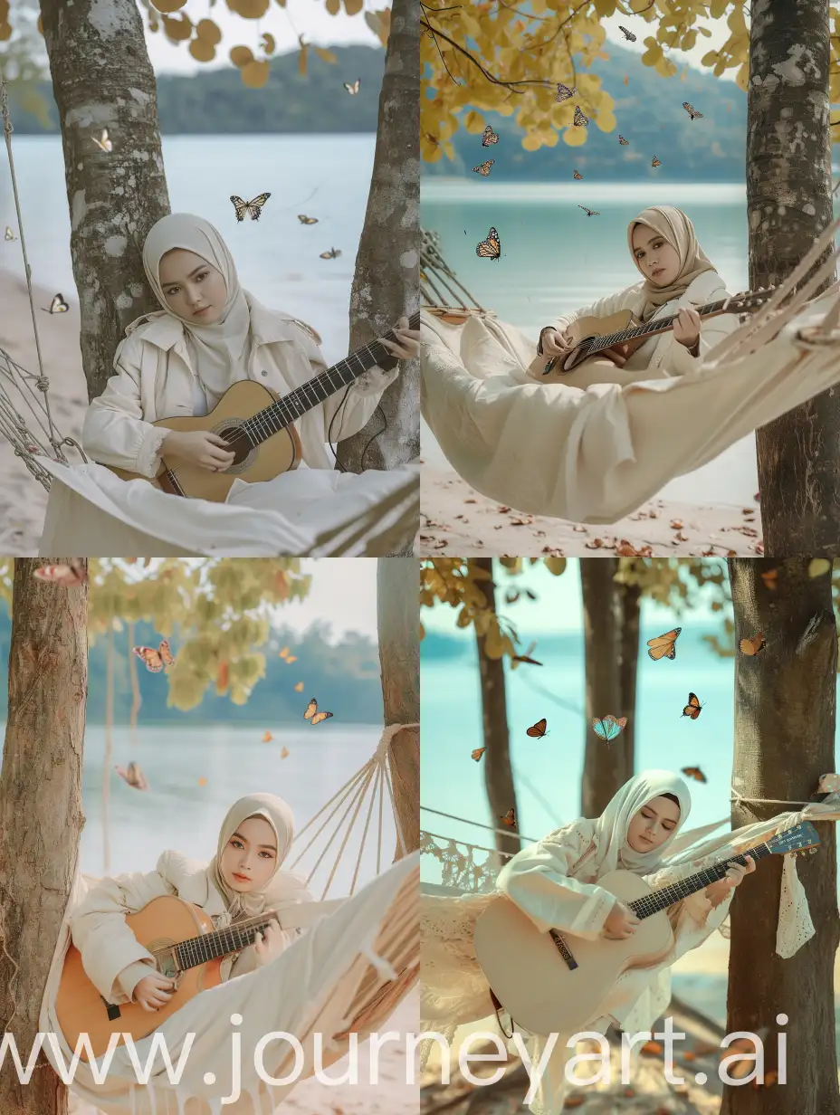 wanita hijab cantik thailand mengenakan jaket crem, bersanta duduk di tempat tidur gantung di antara 2 pohon, di samping area pantai tepi danau, kupu-kupu terbang di atasnya, fokus fokus bermain gitar , ini adalah hari musim gugur yang cerah, wajah dan badan menghadap kekamera, kualitas tinggi. 8K HD.