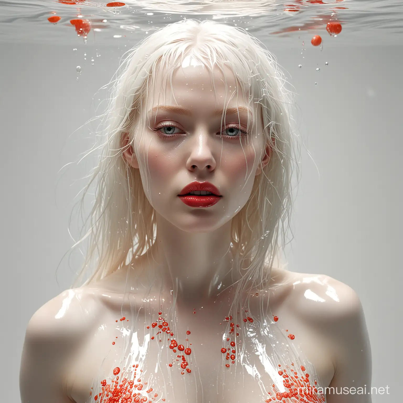 Full wet  body portrait,  wet skin partly naked extremely realistic image of an albino woman in a white transparent ultra thin shiny latex leotard, with long legs, extremely white skin and long wild hair, smooth and glossy, (red lips), light grey eyes, ultra sharp focus, white background with subtle fractal coral geometriy design,   , studio photography by MSchiffer and  painting from Dali in a fractal fungi and coral underwater world artistic photograph