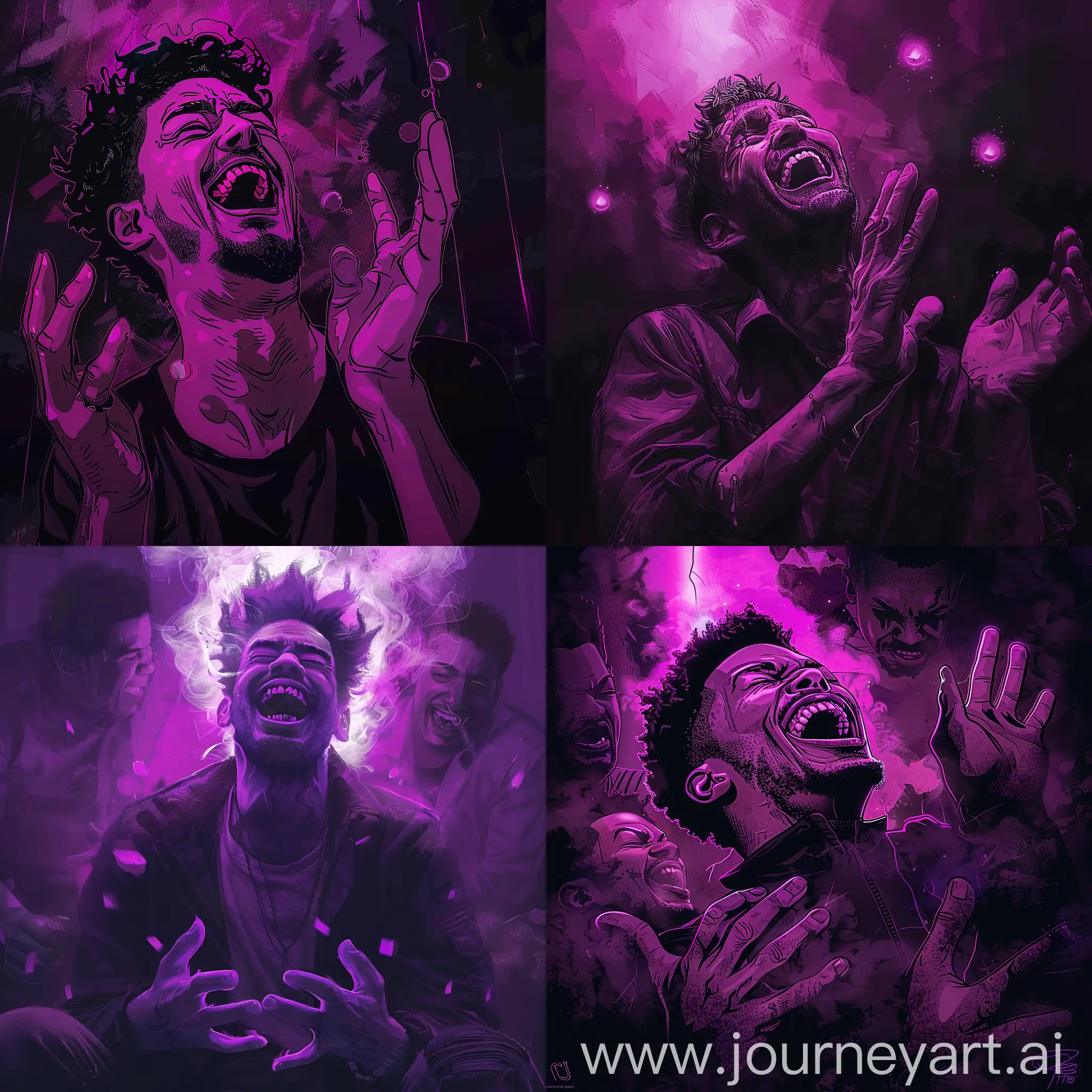 a man laughing while his hands appear in a mysterious way  Digital art style with a purple tone with high detail in a cartoon-like style, soft lighting, movie poster, digital art, 3 mafia mans,. A dark atmosphere is depicted.--ar 16:9 --v 6.0