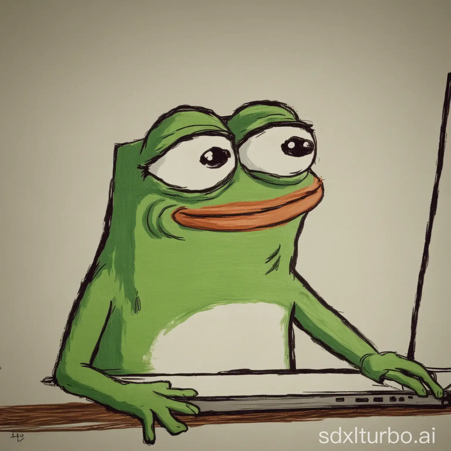 Pepe the Frog Using a Computer for Digital Art | SDXL Free Online