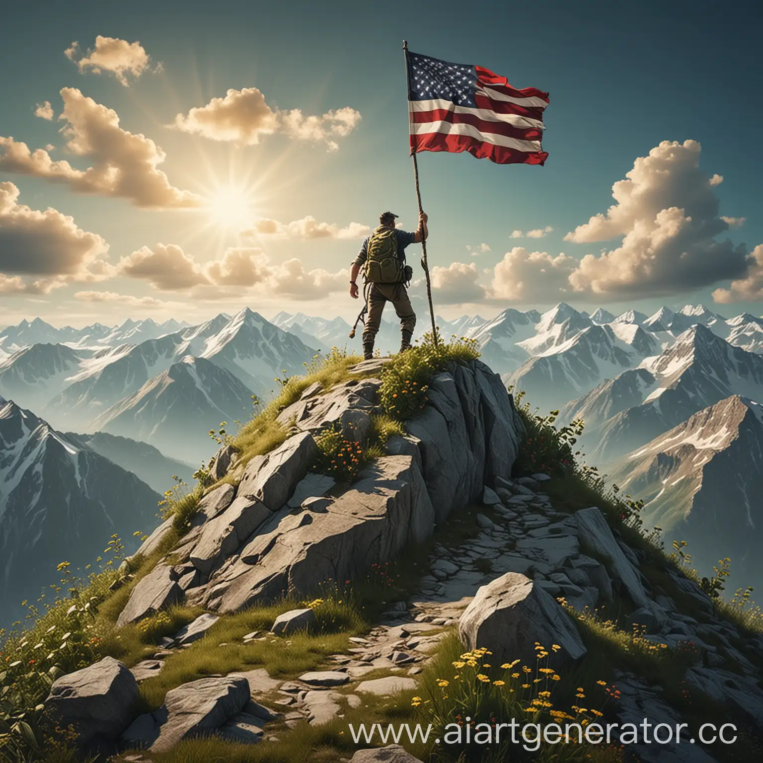 Cartoonish-Man-Conquers-Mountain-Top-and-Plants-Flag