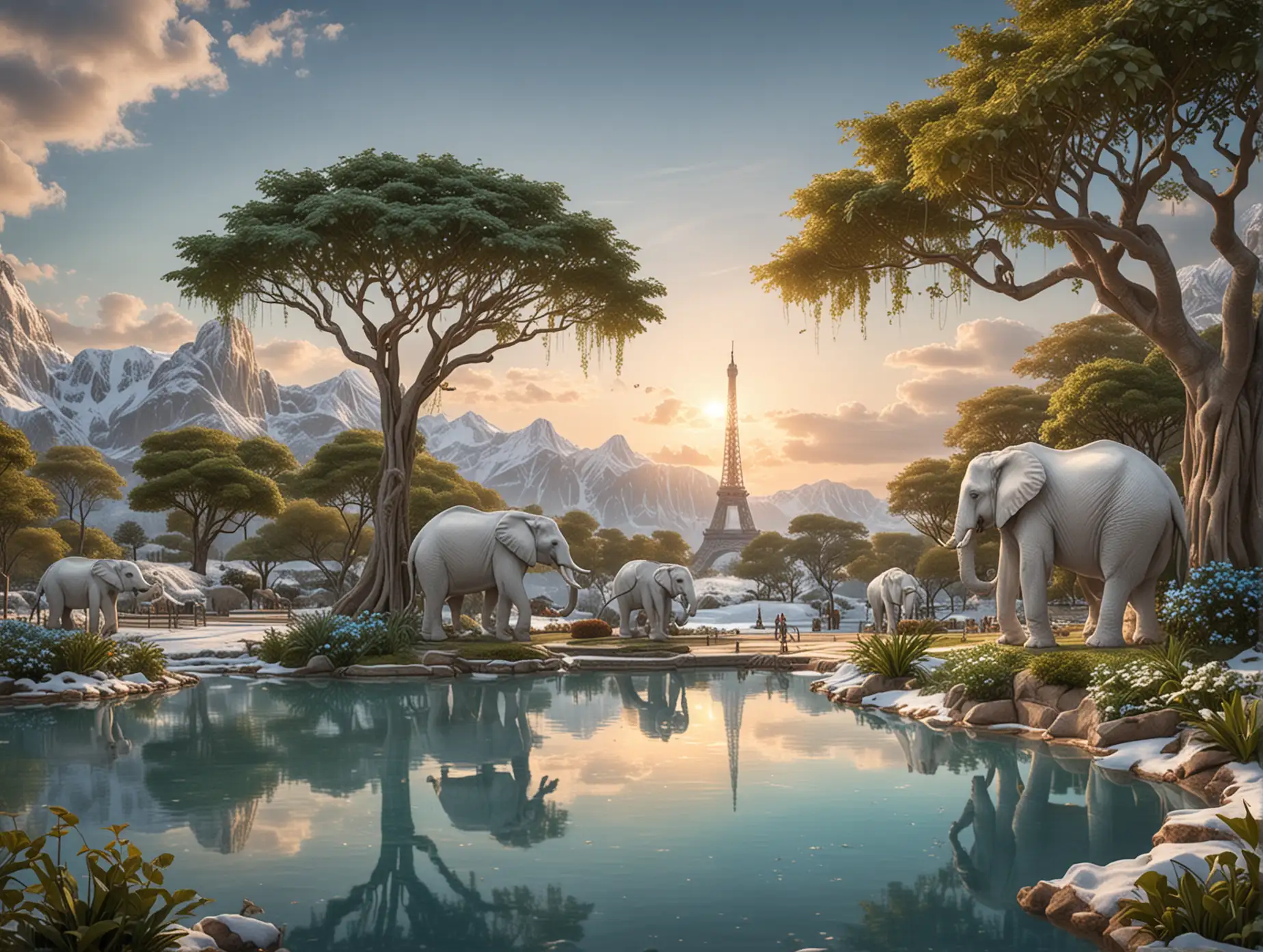 Create a village of a cyan lake and a waterfall in front of snow mountains, a banyan tree, Eiffel Tower in distance, blue sky and a two white elephants to the left of the picture, beautiful sunset, photo realistic, subtle colours, 