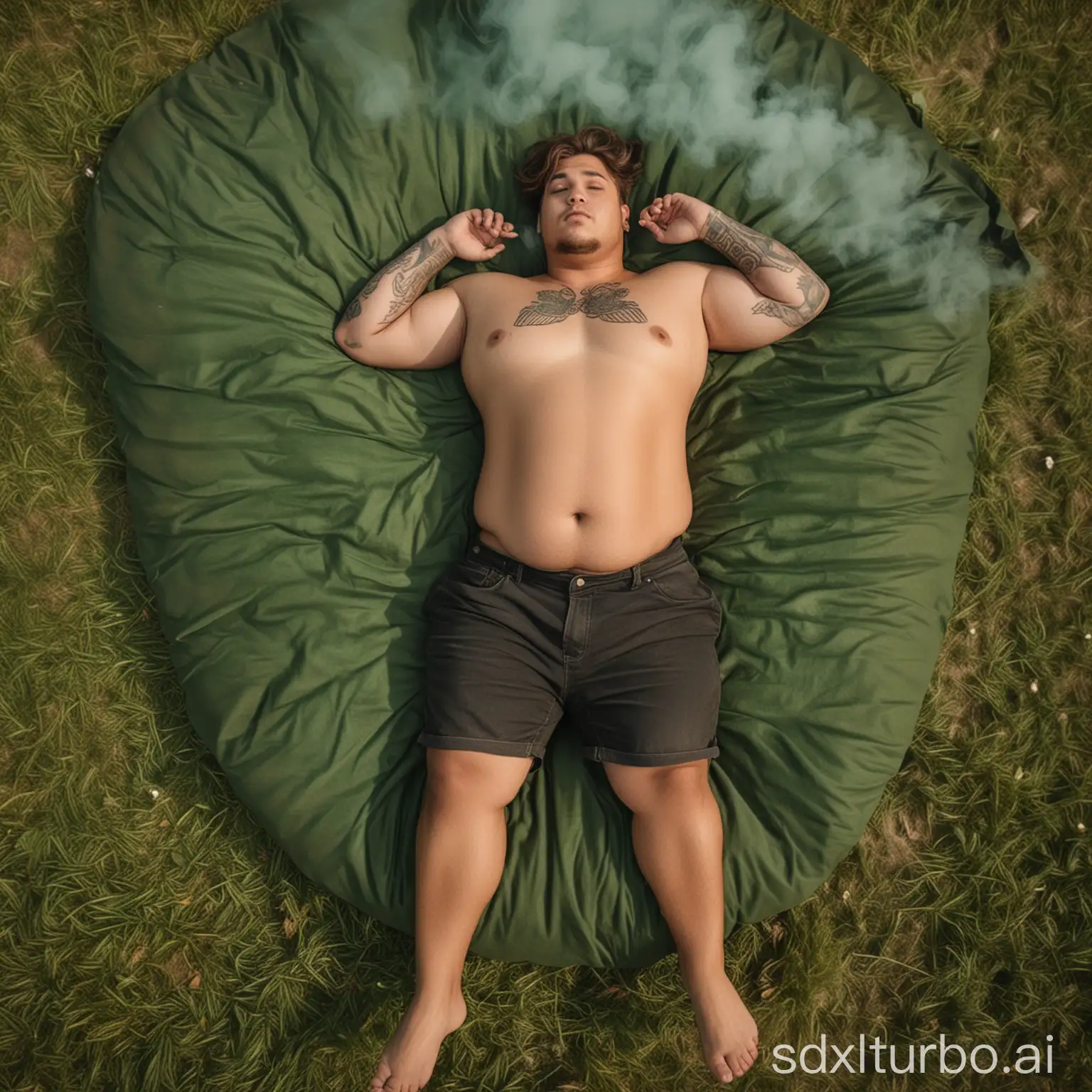a tall handsome chubby tanned and young man, brown mullet hair, big belly, with mini tattoes, spreading green smoke on behind, lying on the grass floor, sensual posing, on a obscure environment tent, concept art style