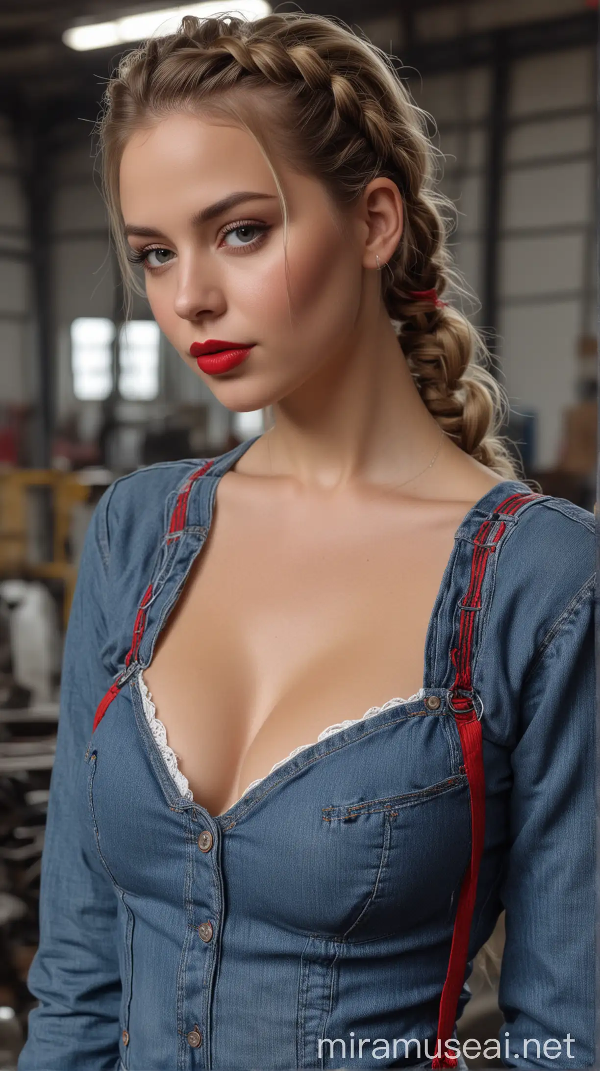 Stylish USA Girl with French Braid Hair in Industrial Factory Setting