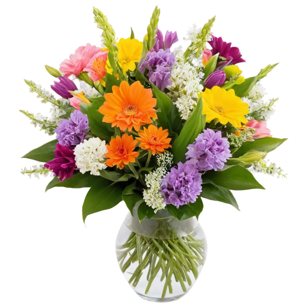 Bouquet of random flowers in a clear glass vase