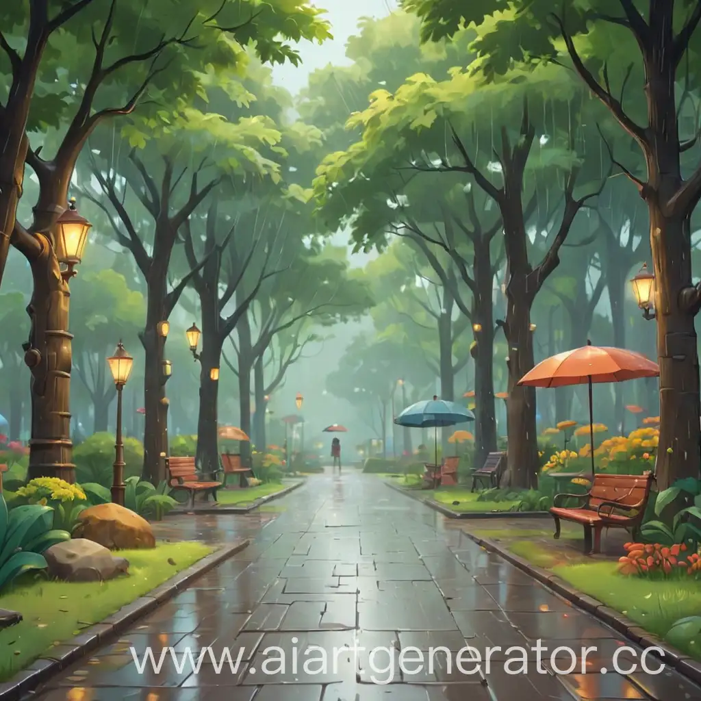 Cartoon-Park-Scene-Rainy-Day-Stroll