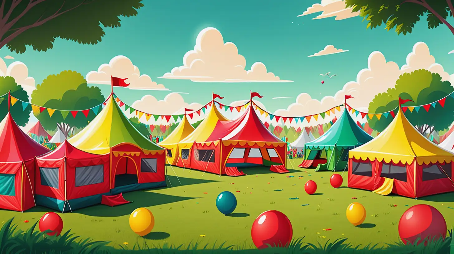 cartoon outside festival in a grass field with tents and bounce houses for kids, red green and yellow decorations, bright sunny sky