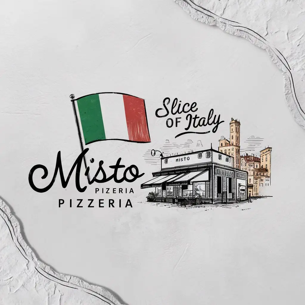 Misto Pizzeria, Minimalist, Edge decoration, Italian colors , Textured White Background , EST 2024 , Italy flag , Vintage, Slogan, Slice of Italy, Adobe Illustration, Sketched Italian City,