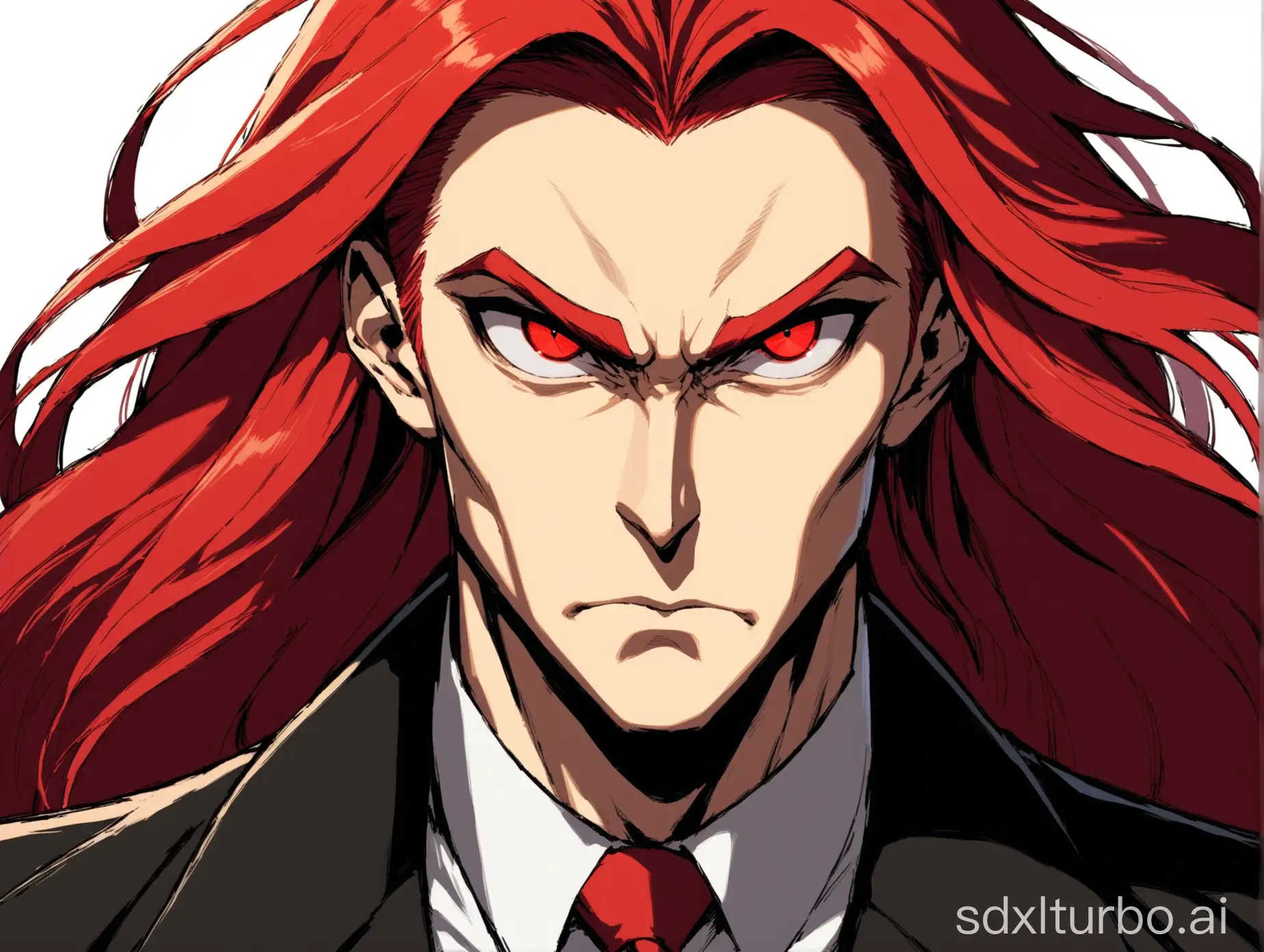 Man 40 years, red hair down to the shoulders, wavy hair, muing, big cheekbones, very narrow eyes, narrow eyes, villain, in a black jacket with a tie, thick red eyebrows, long hair, smooth forehead, elongated face, long face, voluminous hair, evil eyes, eyes slanted inward, strict gaze, glance from under the brow, wide cheekbones