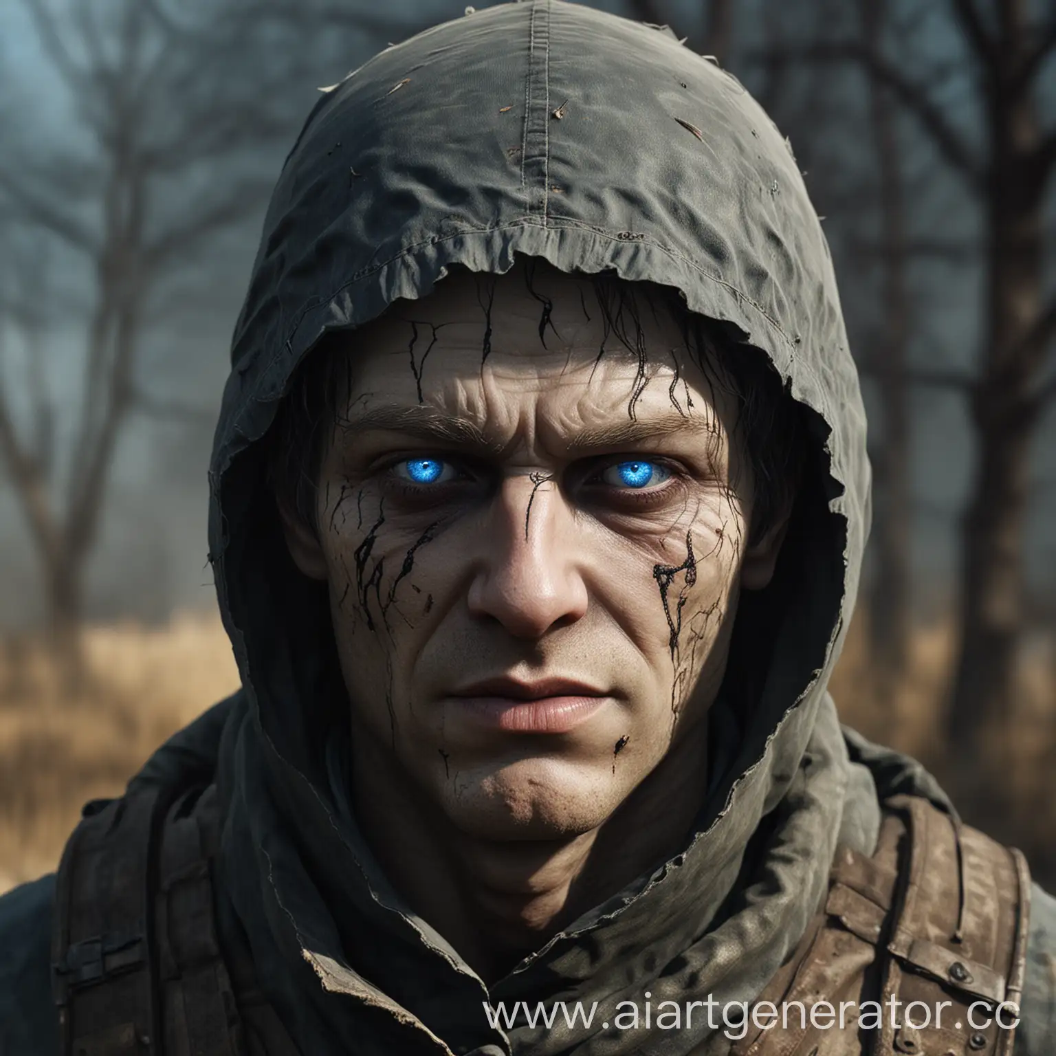 stalker from the game, with white skin and blue eyes