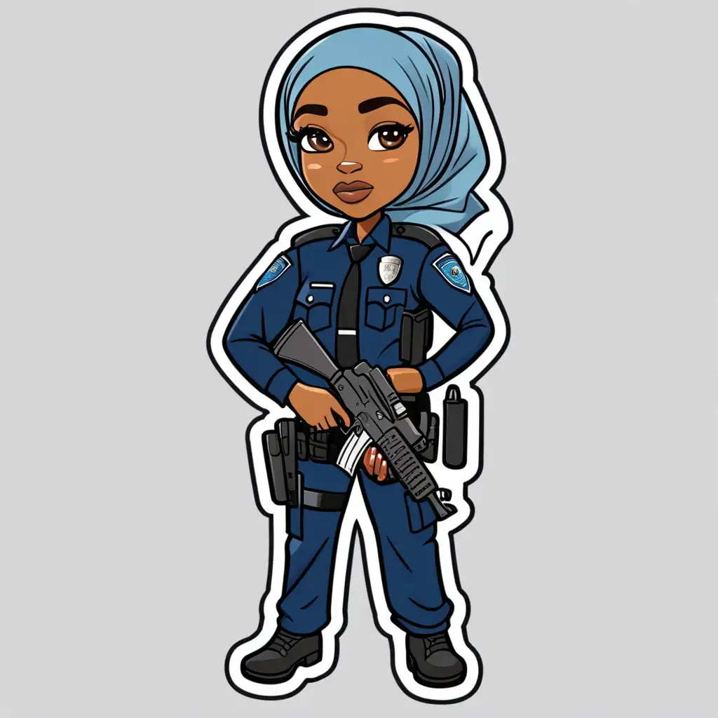 A cute cartoon sticker of a black woman police officer wearing a hijab and tactical gear and no guns. 