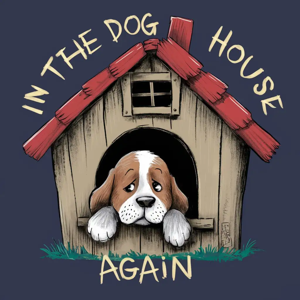Lonely Dog in Dog House with In The Dog House Again Text