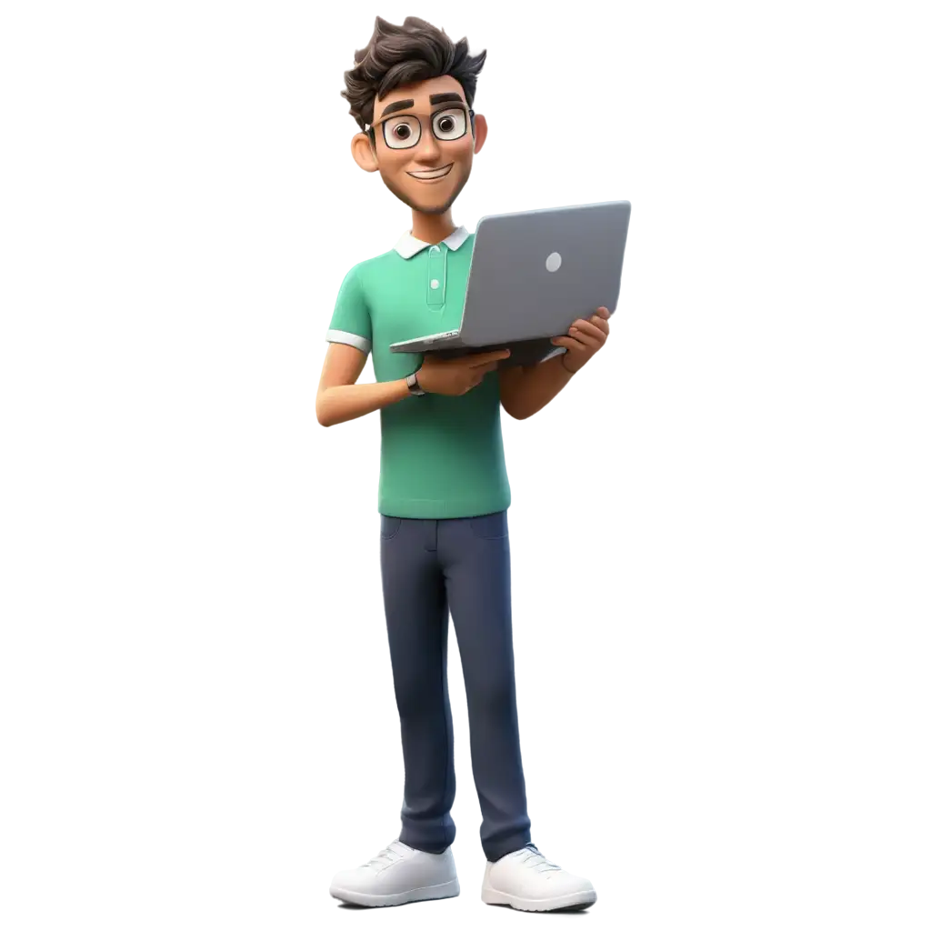 a full-length human icon with a laptop cartoon 3 d
