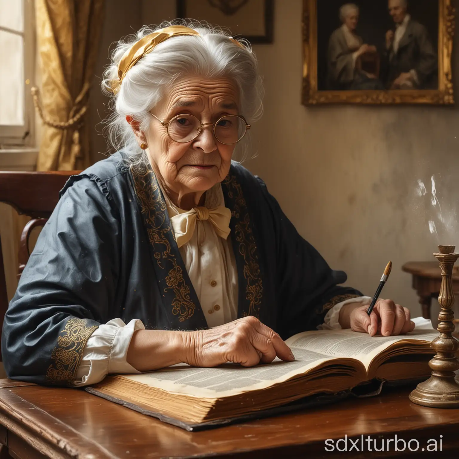 水墨画背景，民国时期的小老太太，坐在书桌前，手翻着本厚厚的书，戴金丝眼镜，佝偻着腰，电影质感，高清图