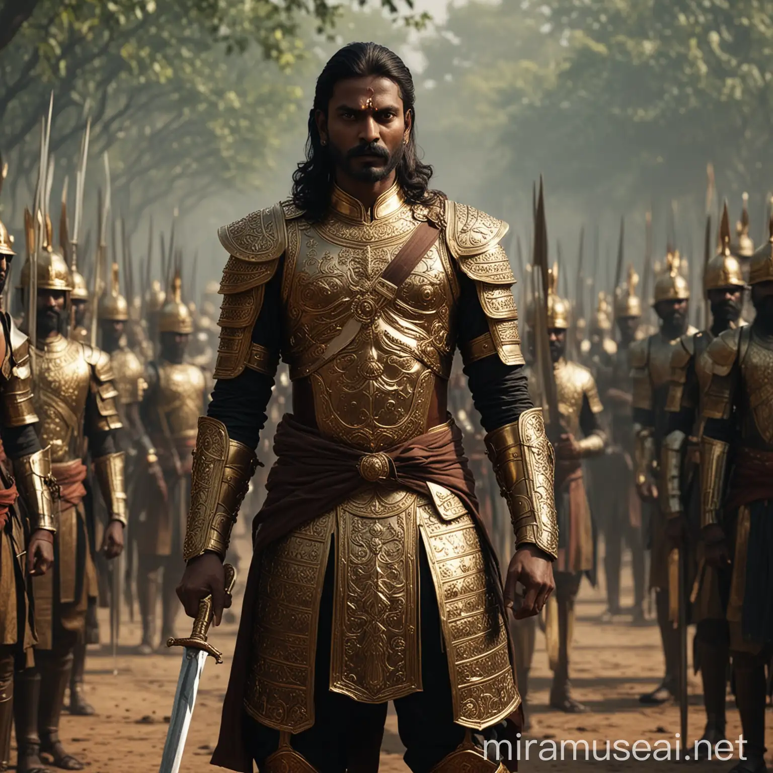 Ultra realistic, cinematic video of south indian king thin, dark brown skin, tall, straight hair, golden armor dress with long sword with his ten soldiers wearing sliver armored dress with short sword fighting with black dress enemies 