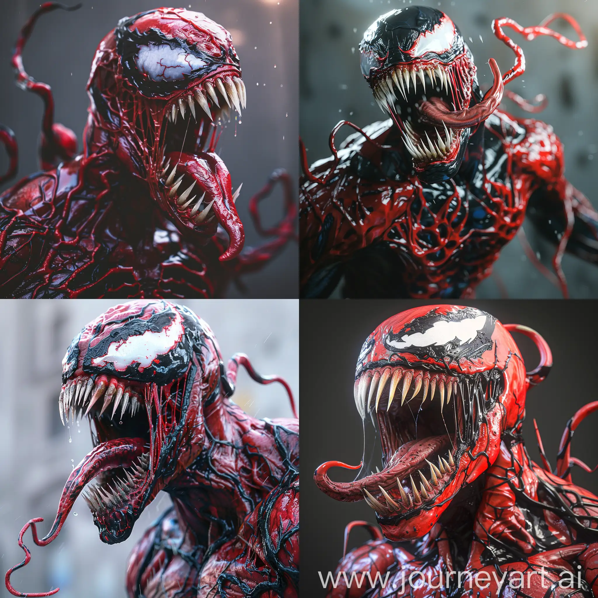 Full hight, Carnage from Marvel, open mouth, sharp fangs, red and black Carnage symbiote, full face pose, realism, ultra detail, cinematic, 8k, hd