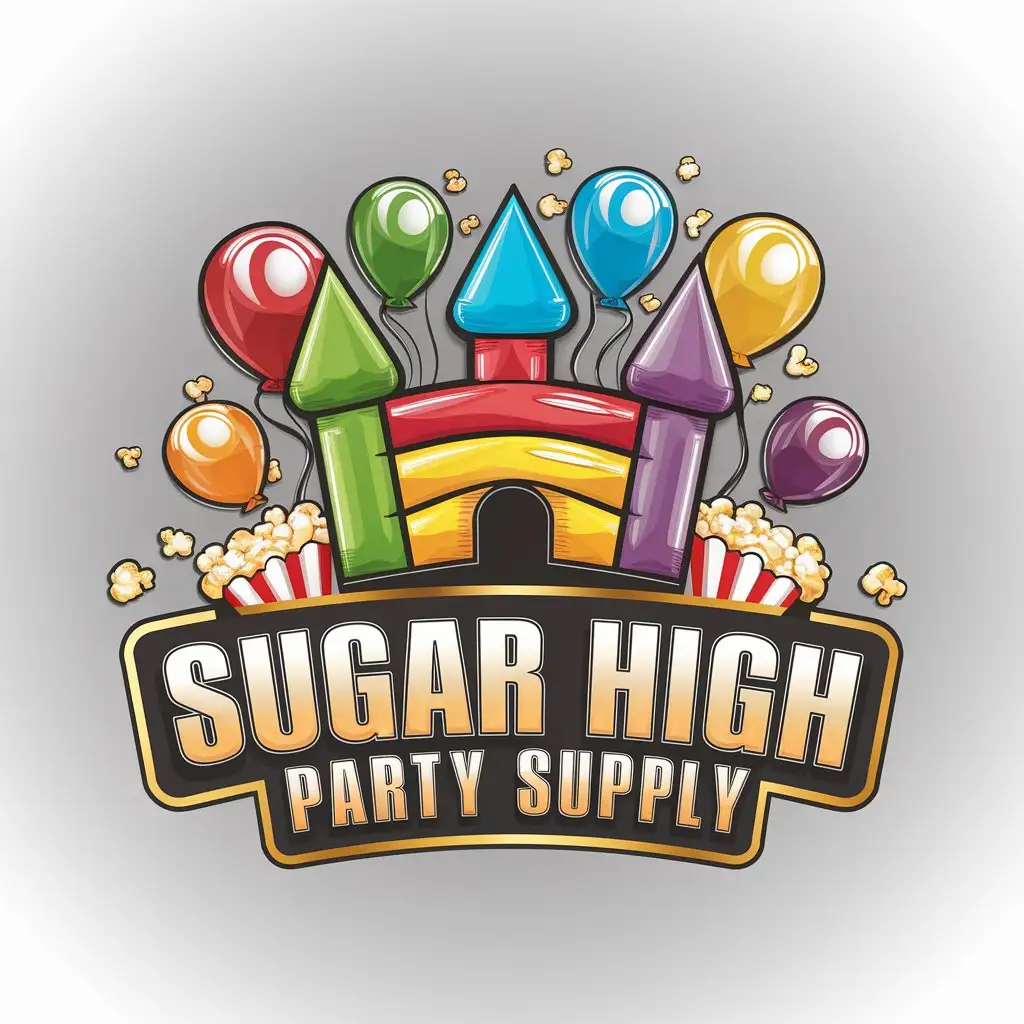 a logo design,with the text 'Sugar High Party Supply', main symbol:Brightly individual colored pieces (red, green, blue, yellow, orange, purple) of a bouncy castle with balloons and popcorn and gold outlined letters,Moderate,be used in Events industry. Solid gray background