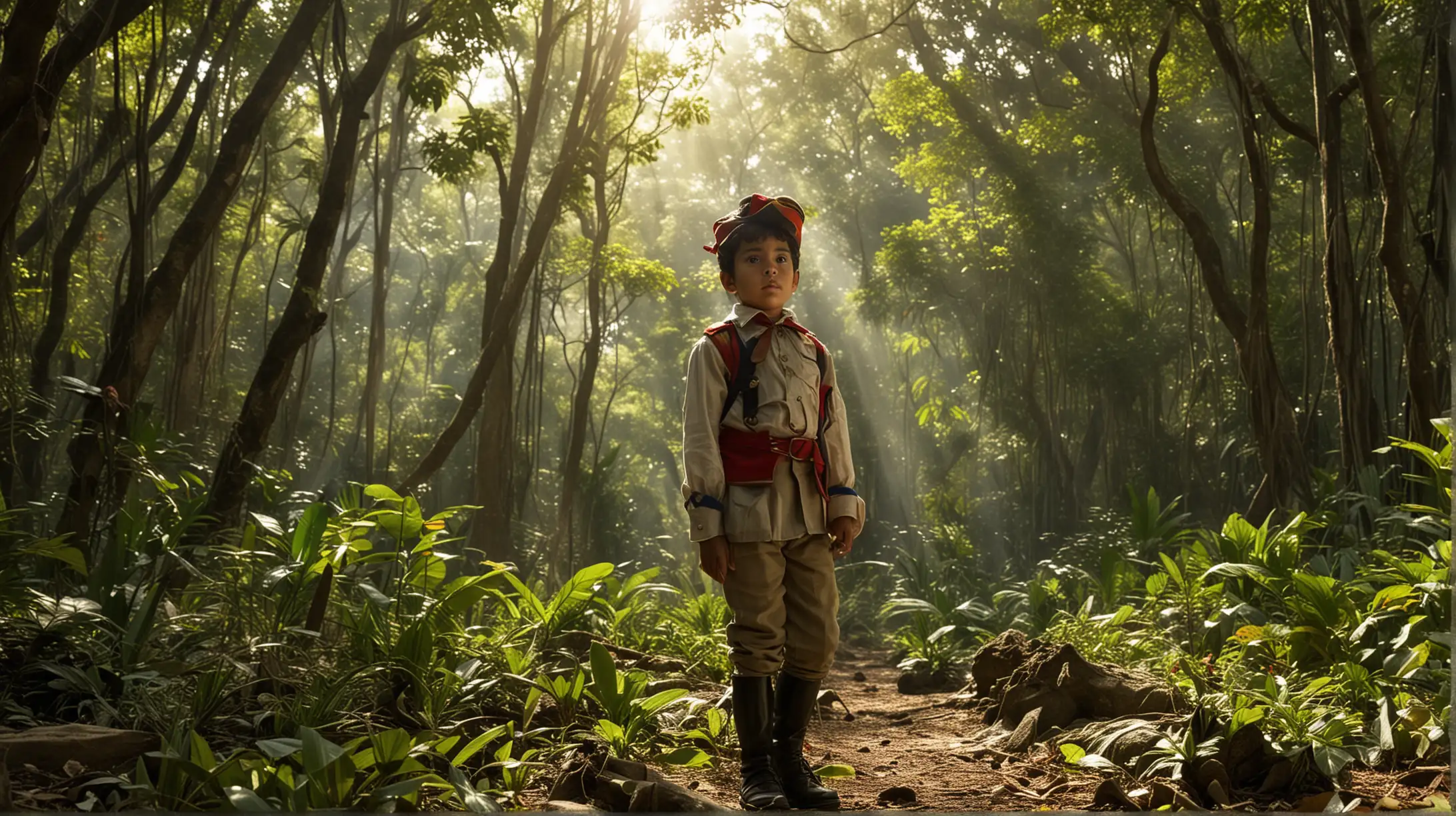 Visualize young Simón Bolívar exploring nature in his childhood:

Image Description: Create a picturesque scene of young Simón Bolívar, around 8 years old, wandering through a lush forest near his family's estate in Venezuela. The sunlight filters through the canopy, casting dappled shadows on the ground as Bolívar marvels at the diversity of flora and fauna around him.