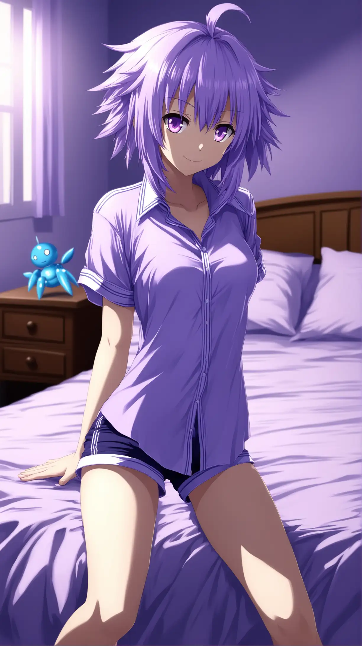 Draw a high quality picture of Neptune from Hyperdimension Neptunia, short lavender hair, purple eyes, beautiful, ambient lighting, long shot, seductive pose, indoors, bedroom, shorts, relaxed shirt, smiling at the viewer