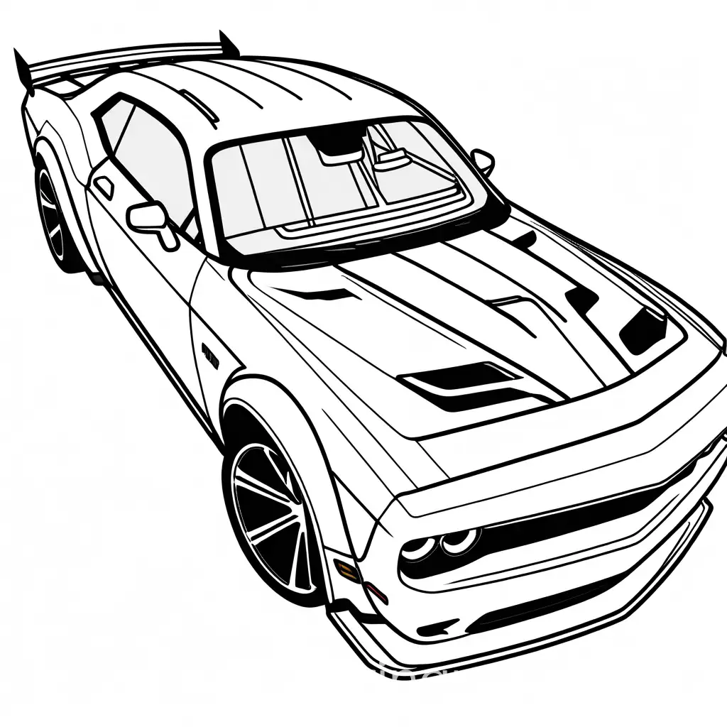 futuristic 2050 DODGE CHALLENGER SRT DEMON 170 car , modified-looking  from another dimension tuned up no background ,coloring page , Coloring Page, black and white, line art, white background, Simplicity, Ample White Space. The background of the coloring page is plain white to make it easy for young children to color within the lines. The outlines of all the subjects are easy to distinguish, making it simple for kids to color without too much difficulty