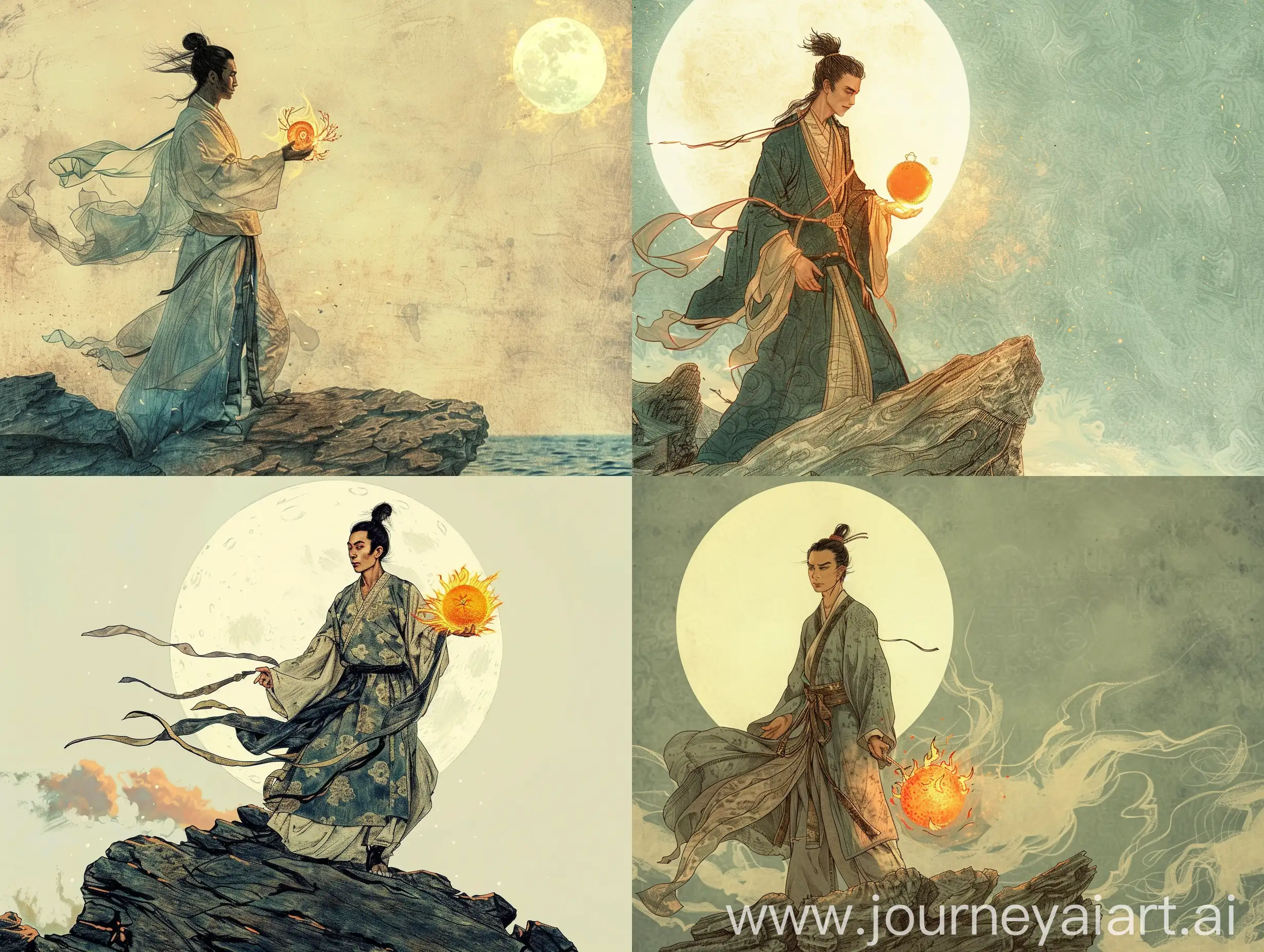 Zheng-Qiu-Standing-on-Lingxiao-Rock-with-Glowing-Wild-Orange-Chinese-Song-Dynasty-Portrait-in-Van-Gogh-Style