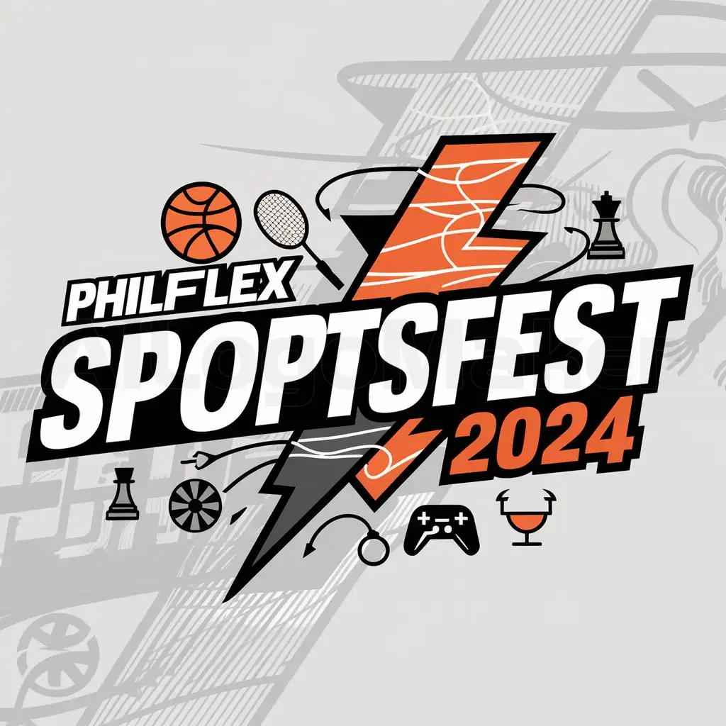 a logo design,with the text "PHILFLEX,SPORTSFEST2024", main symbol:Lightningboltwithwires, e-sport, basketball, badminton, chess, dart,complex,be used in SPORTS industry,clear background