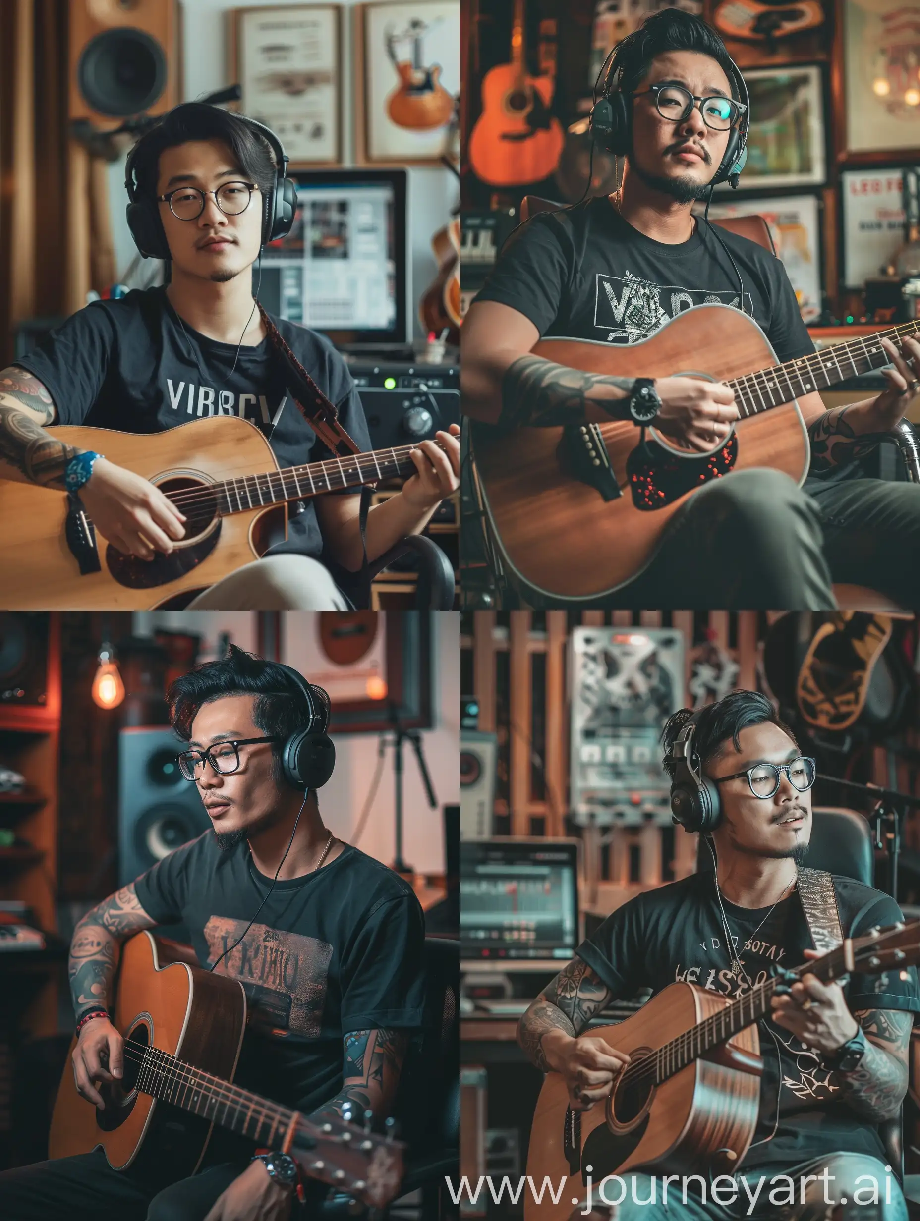 Asian-Man-Playing-Acoustic-Music-in-Studio-with-VIRGO-TShirt-and-Tattoo-Sleeve