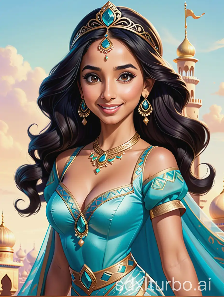 A whimsically drawn caricature, featuring actor Naomi Scott as the optimistic and spirited princess Jasmine from Aladdin, full body, with exaggerated features and fashionable Arabian motifs