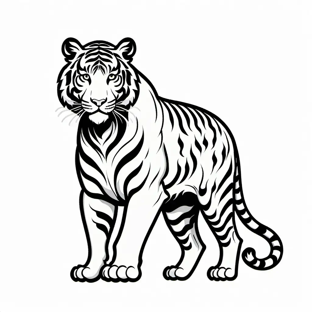 Tiger with body, Coloring Page, black and white, line art, white background, Simplicity, Ample White Space.
