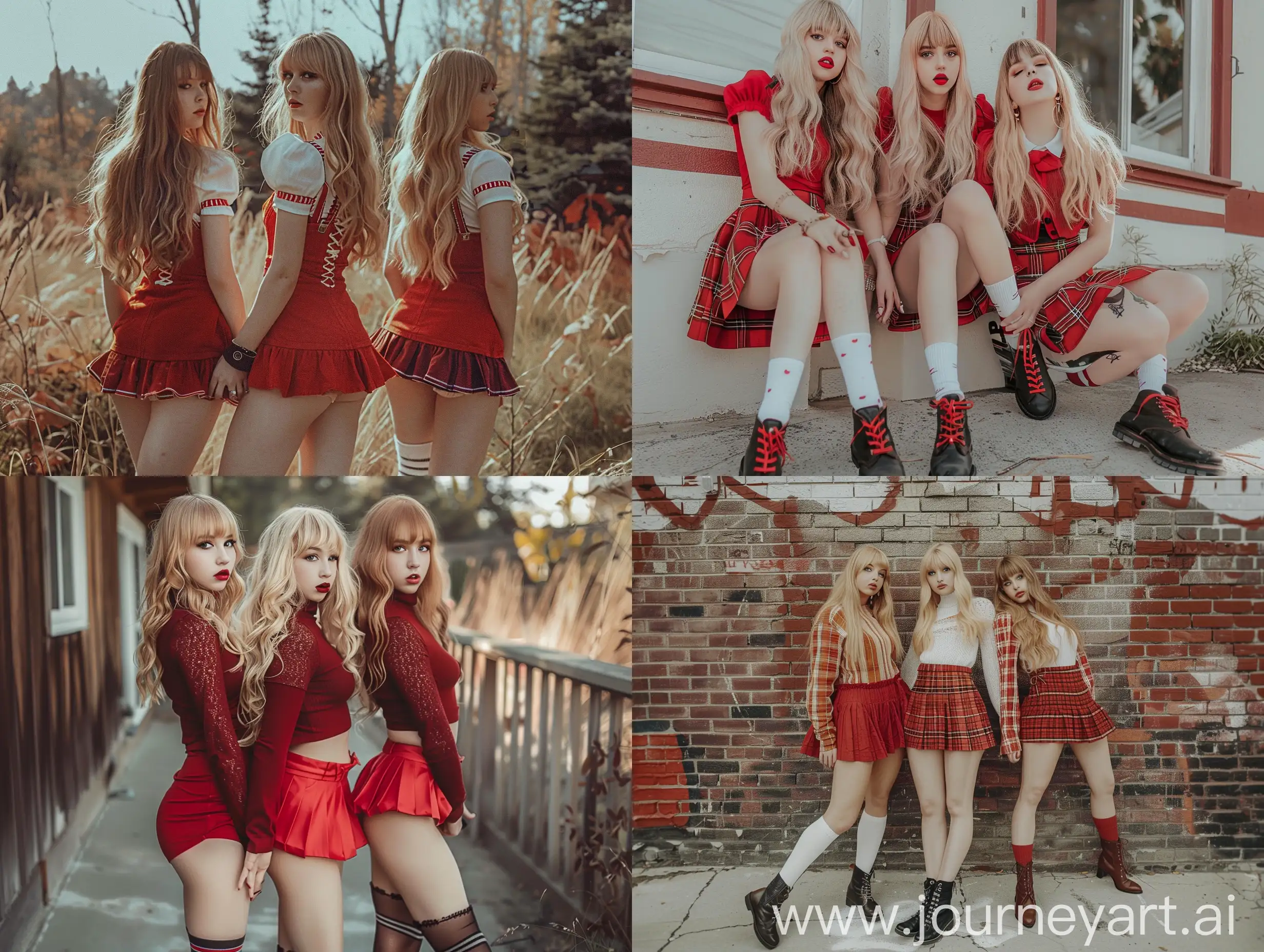 Three-Young-Women-with-Long-Blond-Hair-in-Red-Skirts-and-Boots