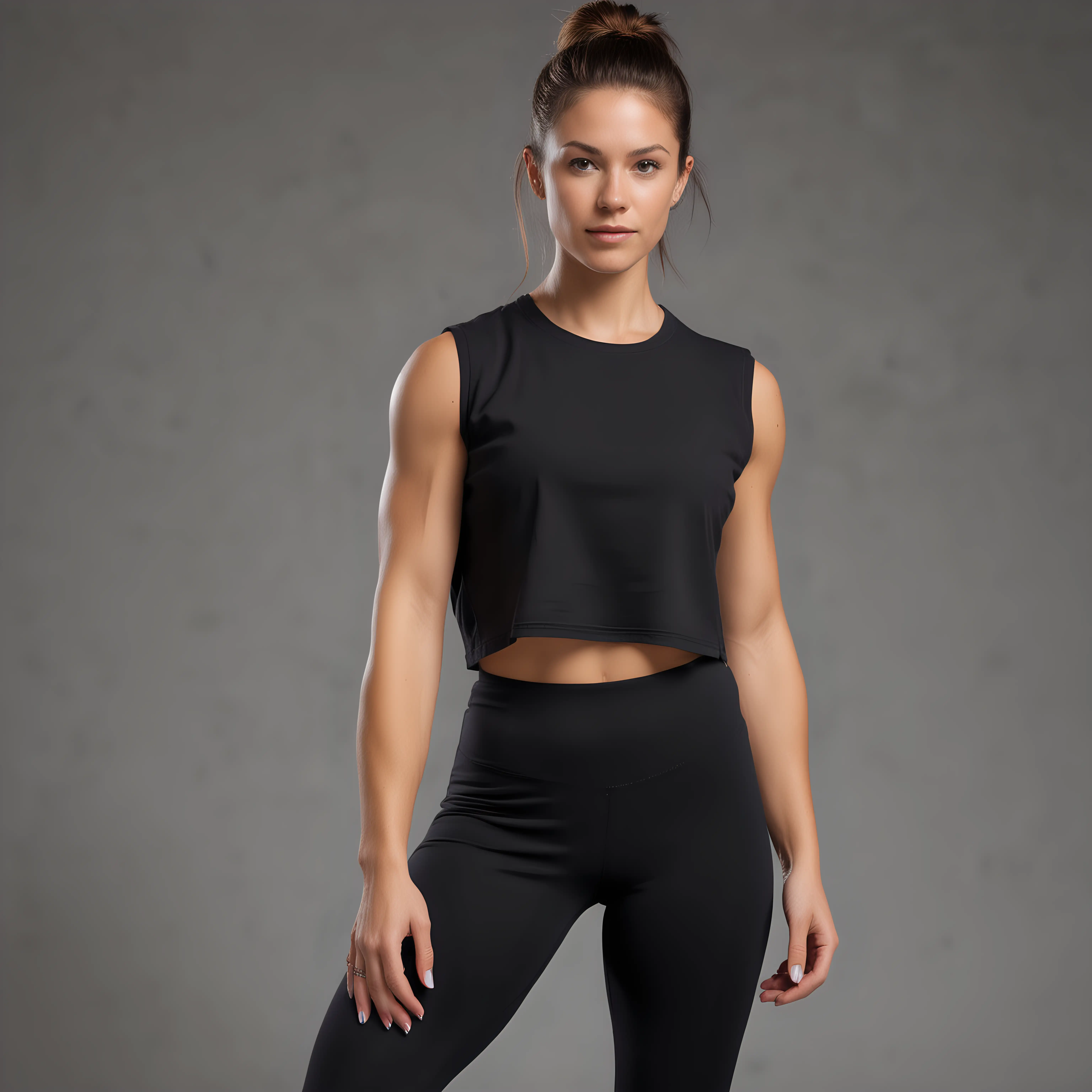 generate image of crossfit  women wearing loose fit black crew neck crop cotton sleveless tshirt from 2 angles 