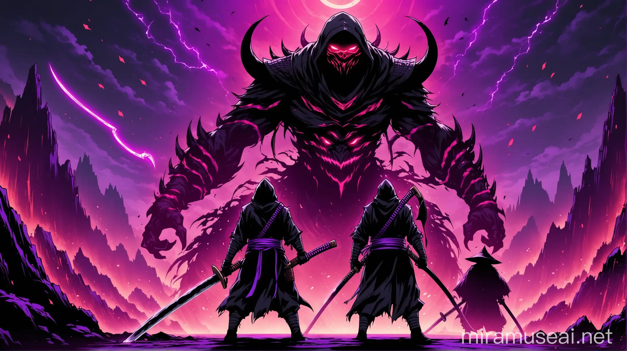Epic Battle RedGlowing Ninja and PurpleGlowing Sorcerer Face Defeated Monster