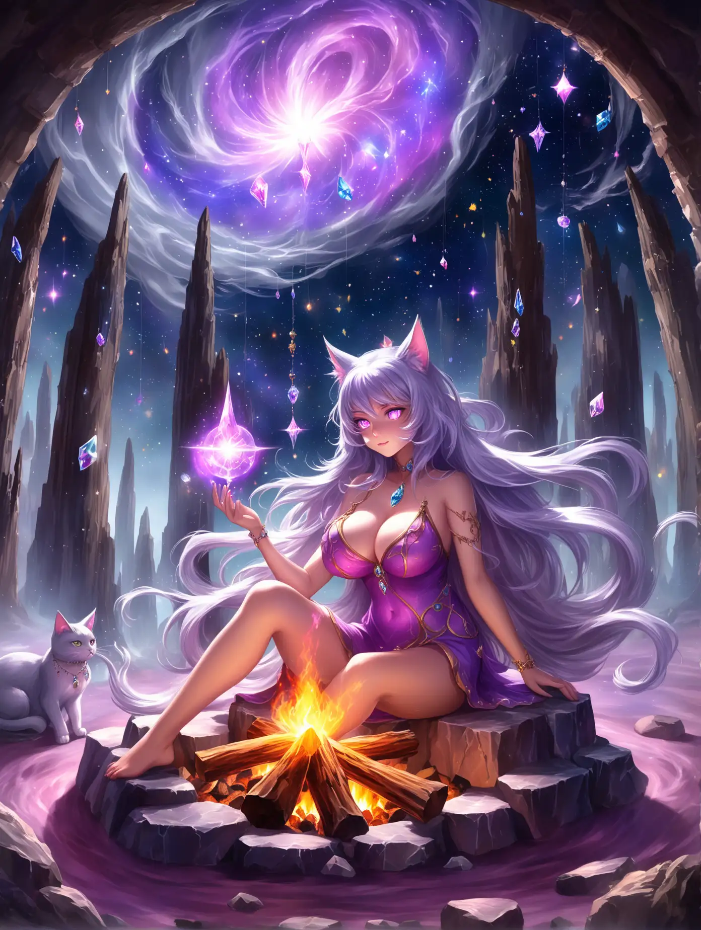 Busty catgirl sitting at a campfire. Stars and darkness surround her.  Long silveryhair flows out alongthe wind andmingles with the smoke,  a purple nebula burns away from the rising smoke. She has pink pupils reflected in the light, her pendulus breasts gently sway with the music.  Magical notes float in the air bejeweled with vibrant stones. Each crystal a reflection of a different planet or star across the solarium 