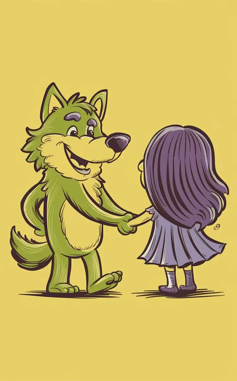 Cartoon-Anthropomorphic-Wolf-Holding-Hands-with-VioletHaired-Girl-on-Yellow-Background