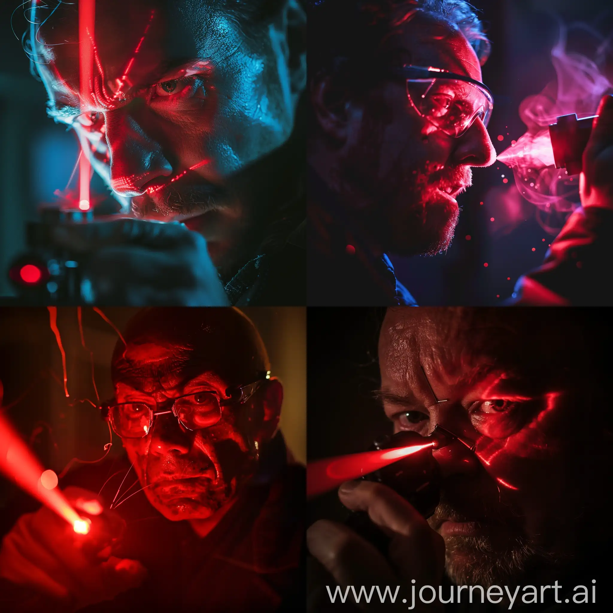 The scientist holds a laser in his hand, which shines a red beam in his face. The scientist burns his face slightly with a red beam of laser light. He winces and releases the laser from his hands.