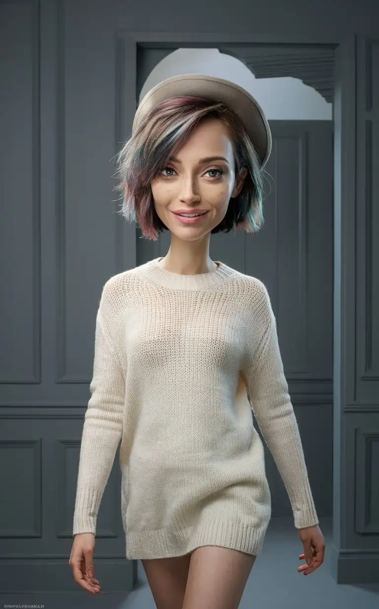 (Clay model, clay material:1.5),(Clay texture, clay texture texture:1.4),(in the style of clay animation, stop motion animation:1.4),
solo, realistic, Angelina Jolie, smiling，((full body)), walking, in a hat，simple background, looking at viewer, multicolor hair, freckles, sweater,  grey background, short hair, white sweater, teeth, black eyes,white shirt, parted lips, messy hair, long sleeves, Clay style，photographed in the style of Wong Kar-wai