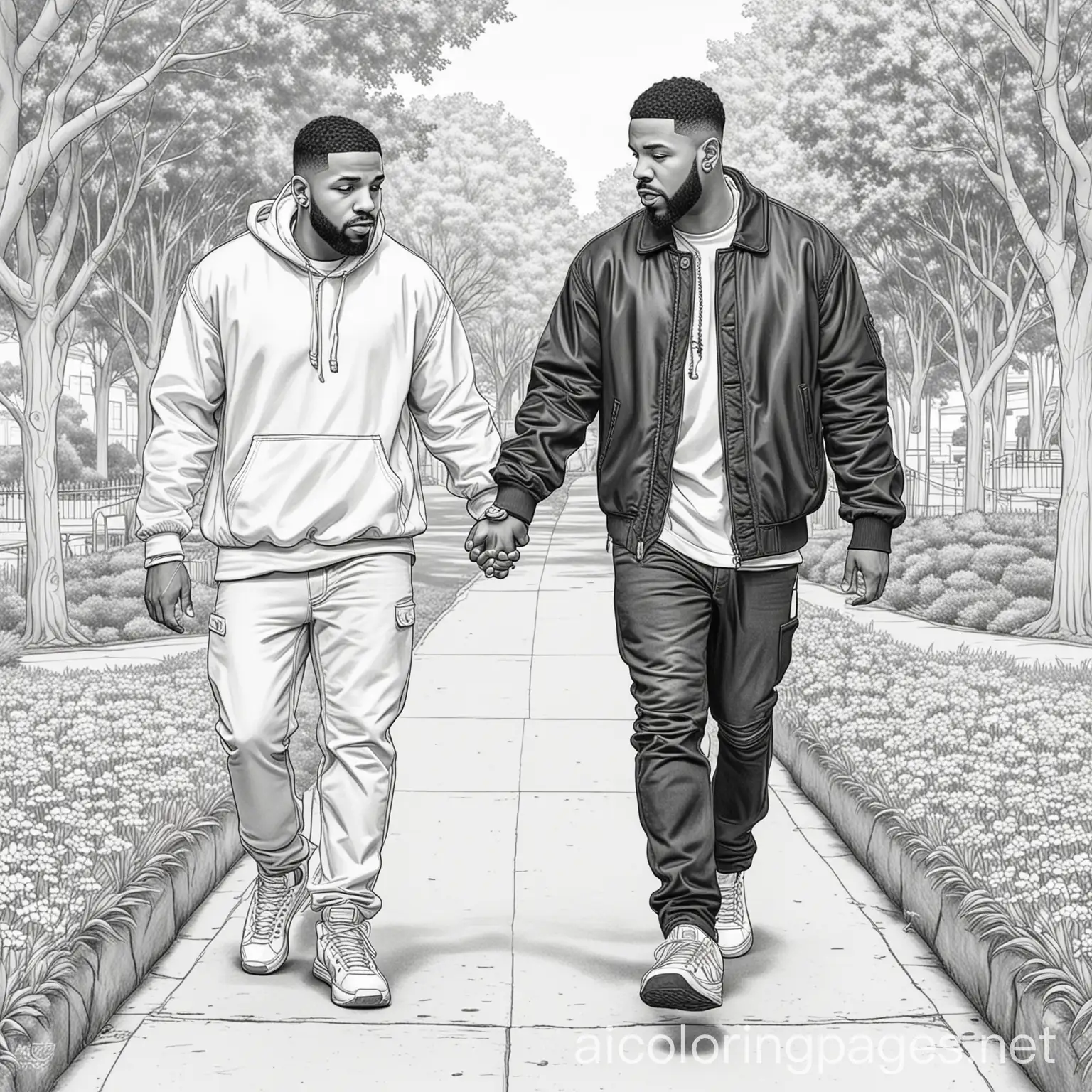 kendrick lamar and drake holding hands at the park, Coloring Page, black and white, line art, white background, Simplicity, Ample White Space. The background of the coloring page is plain white to make it easy for young children to color within the lines. The outlines of all the subjects are easy to distinguish, making it simple for kids to color without too much difficulty