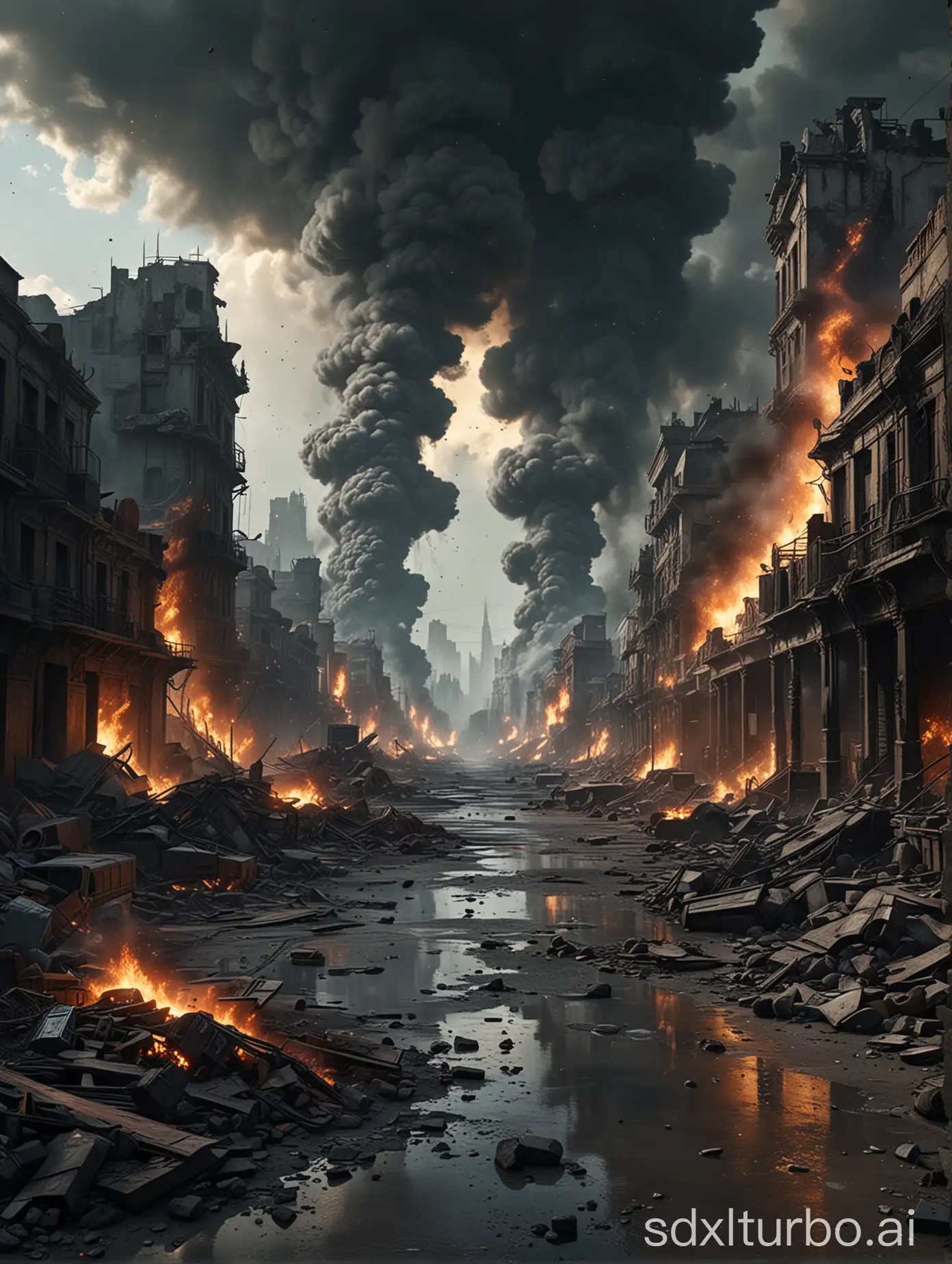 Realistic, masterpiece, top quality, ultra-detailed, near-future ruined city, street view from the ground, backlight, dark sky, smoke and dust all over, battle, highly detailed landscape, dynamic flames